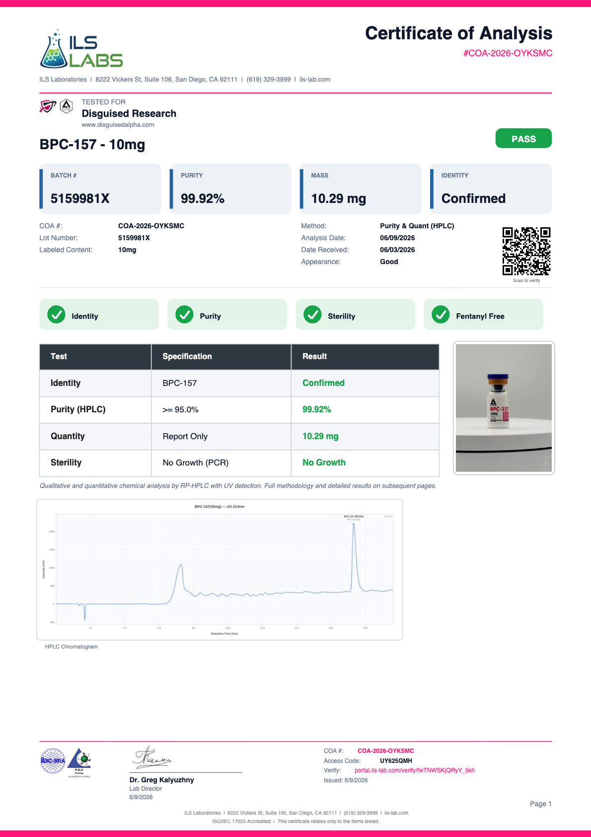 BPC-157 batch 5159981X certificate of analysis from ILS Laboratories