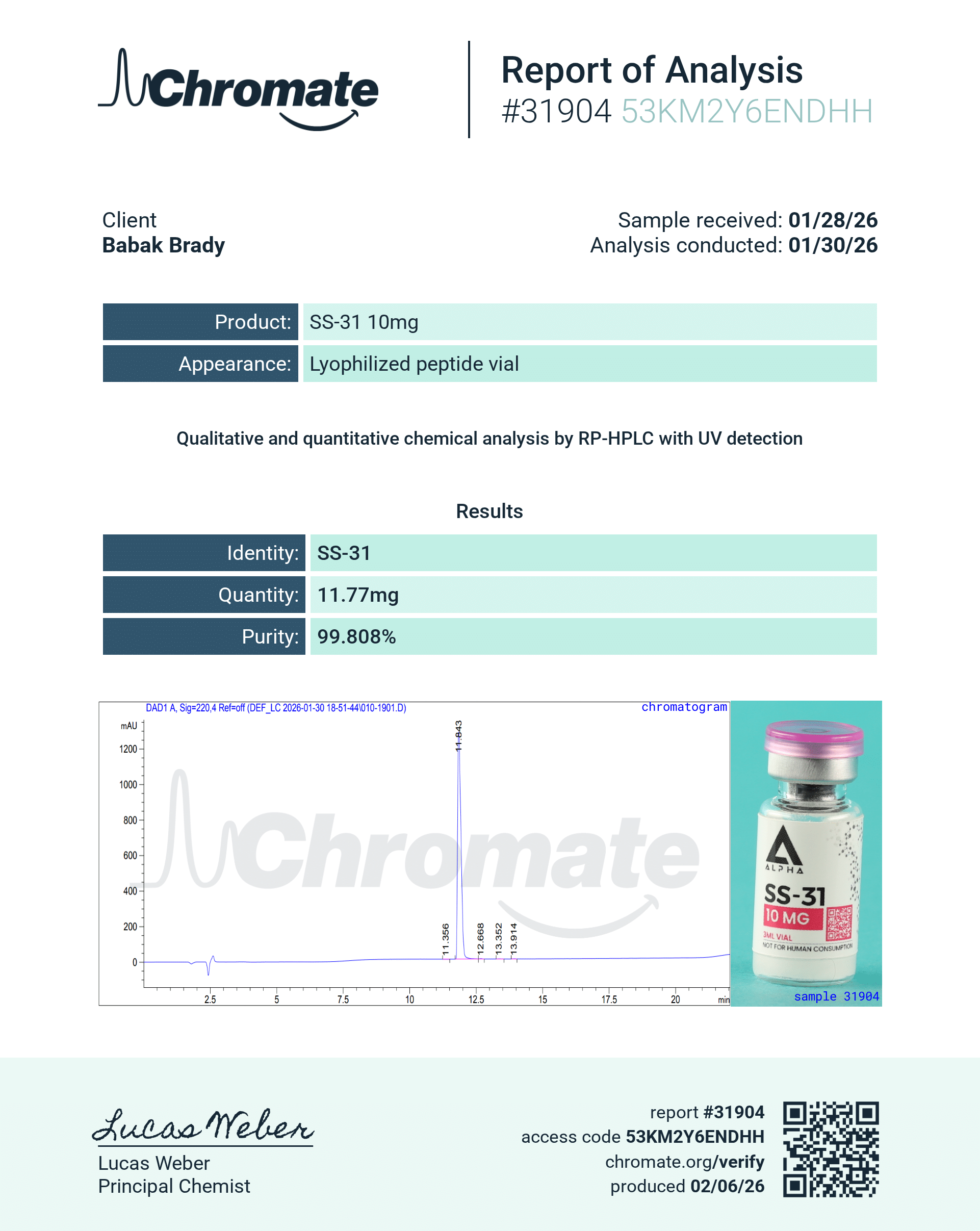 SS-31 batch #31904 certificate of analysis from Chromate