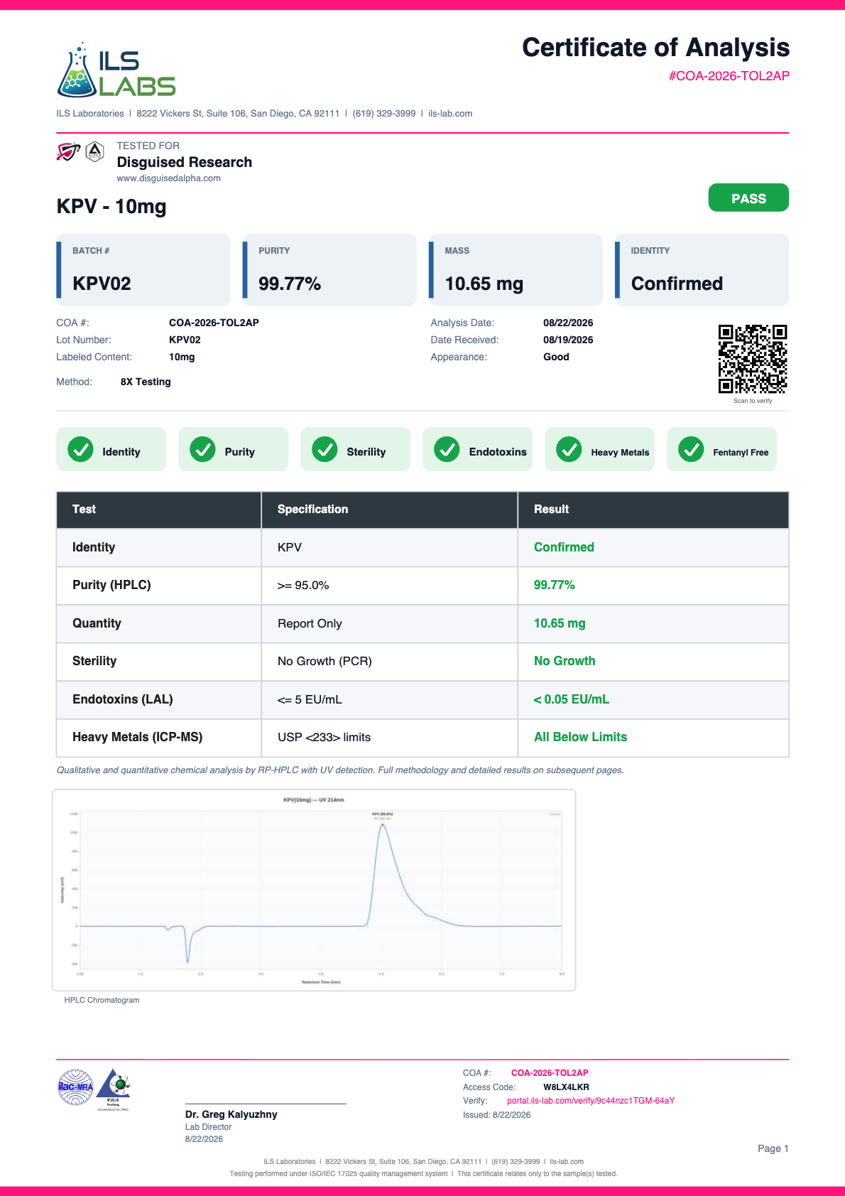 KPV batch KPV02 certificate of analysis from ILS Laboratories