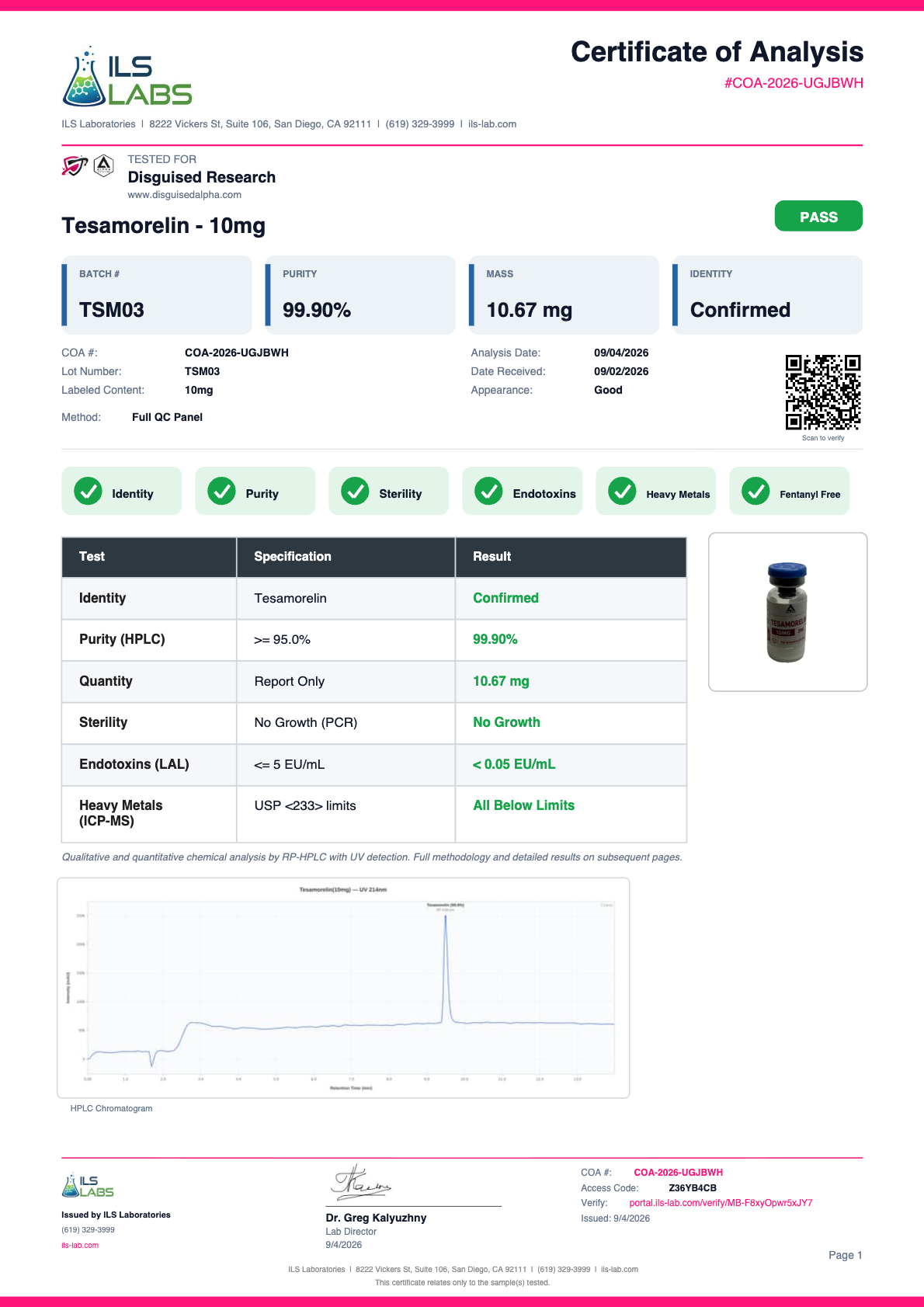 Tesamorelin batch TSM03 certificate of analysis from ILS Laboratories