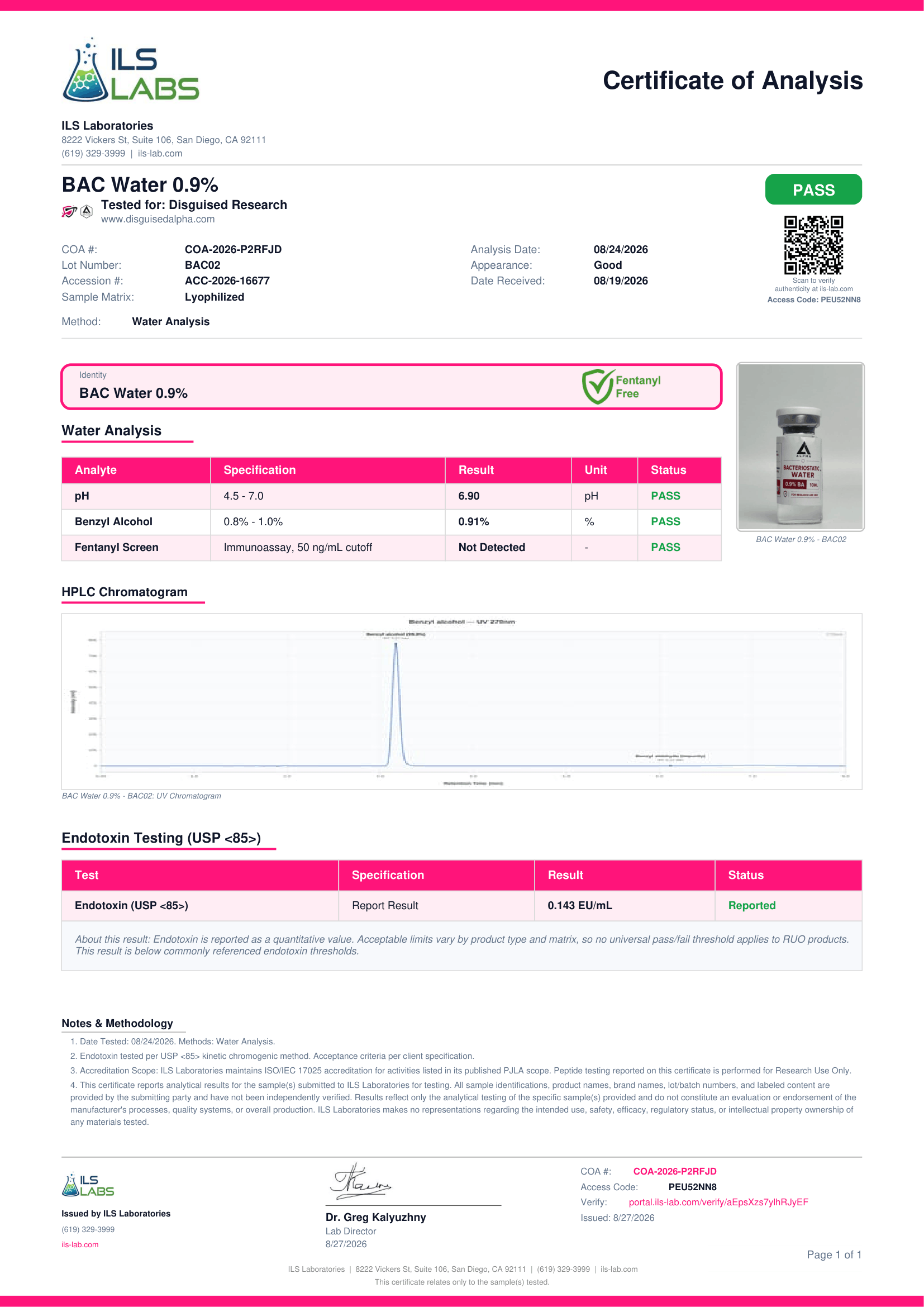 Bacteriostatic Water 0.9% batch BAC02 certificate of analysis from ILS Laboratories