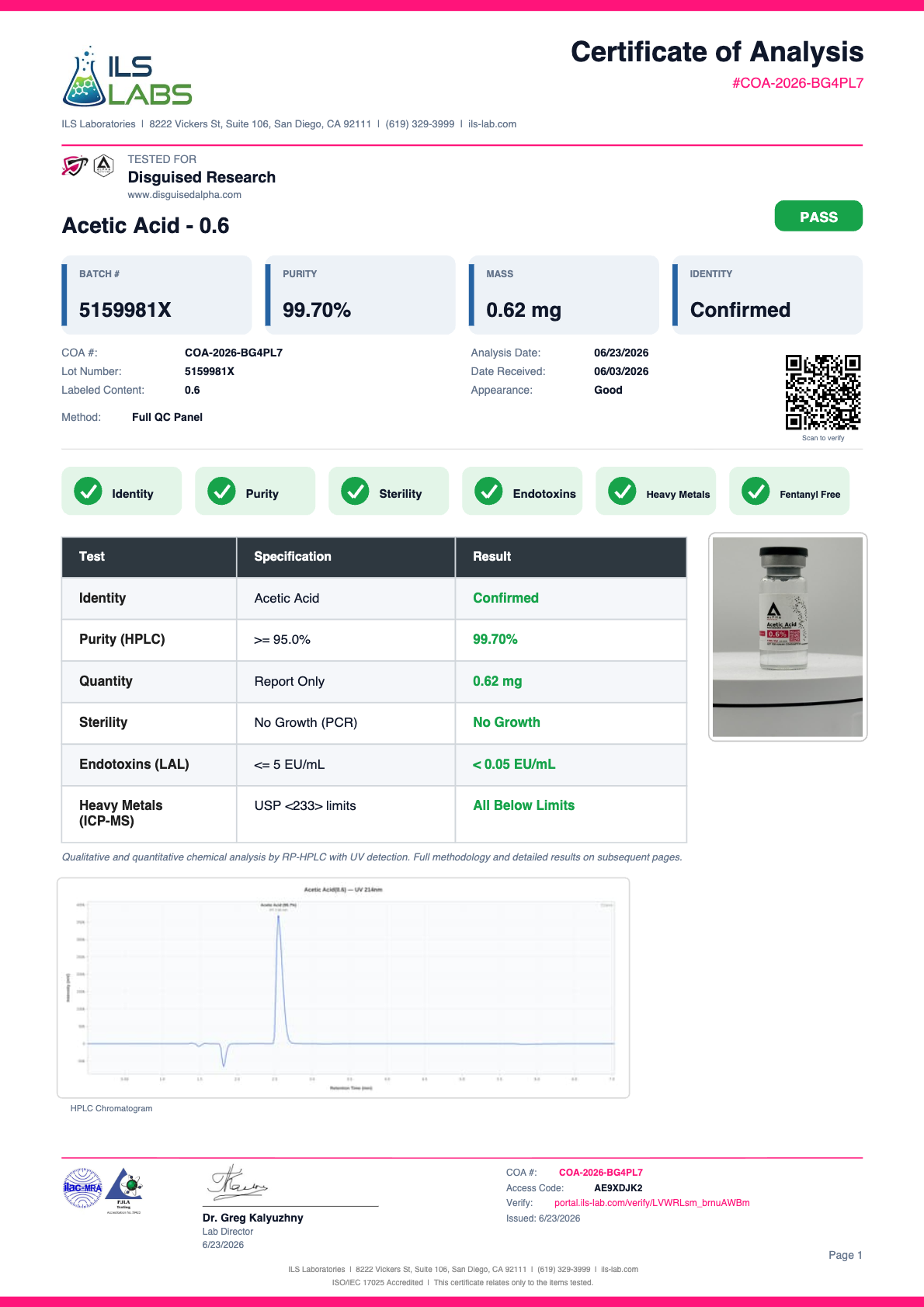 Acetic Acid 0.6% batch 5159981X certificate of analysis from ILS Laboratories
