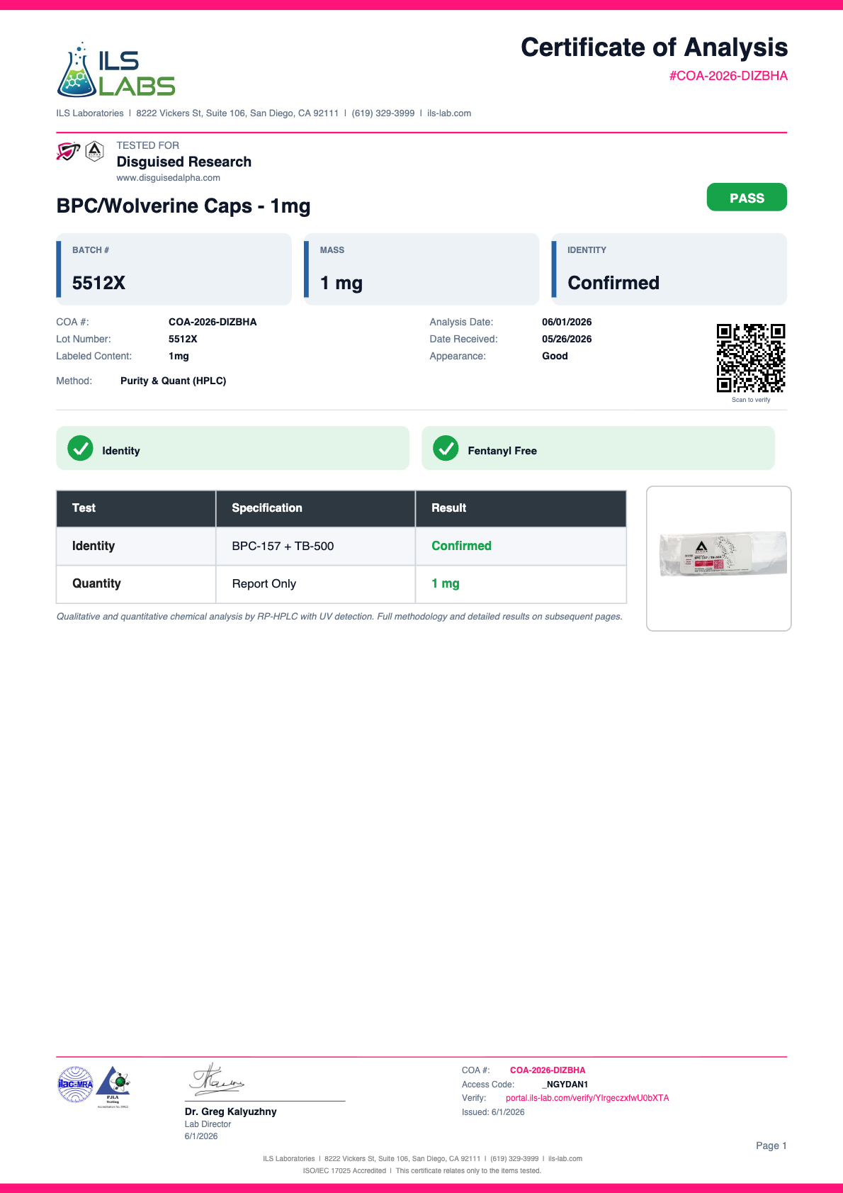 Wolverine (BPC-157 / TB-500) batch 5512X certificate of analysis from ILS Laboratories