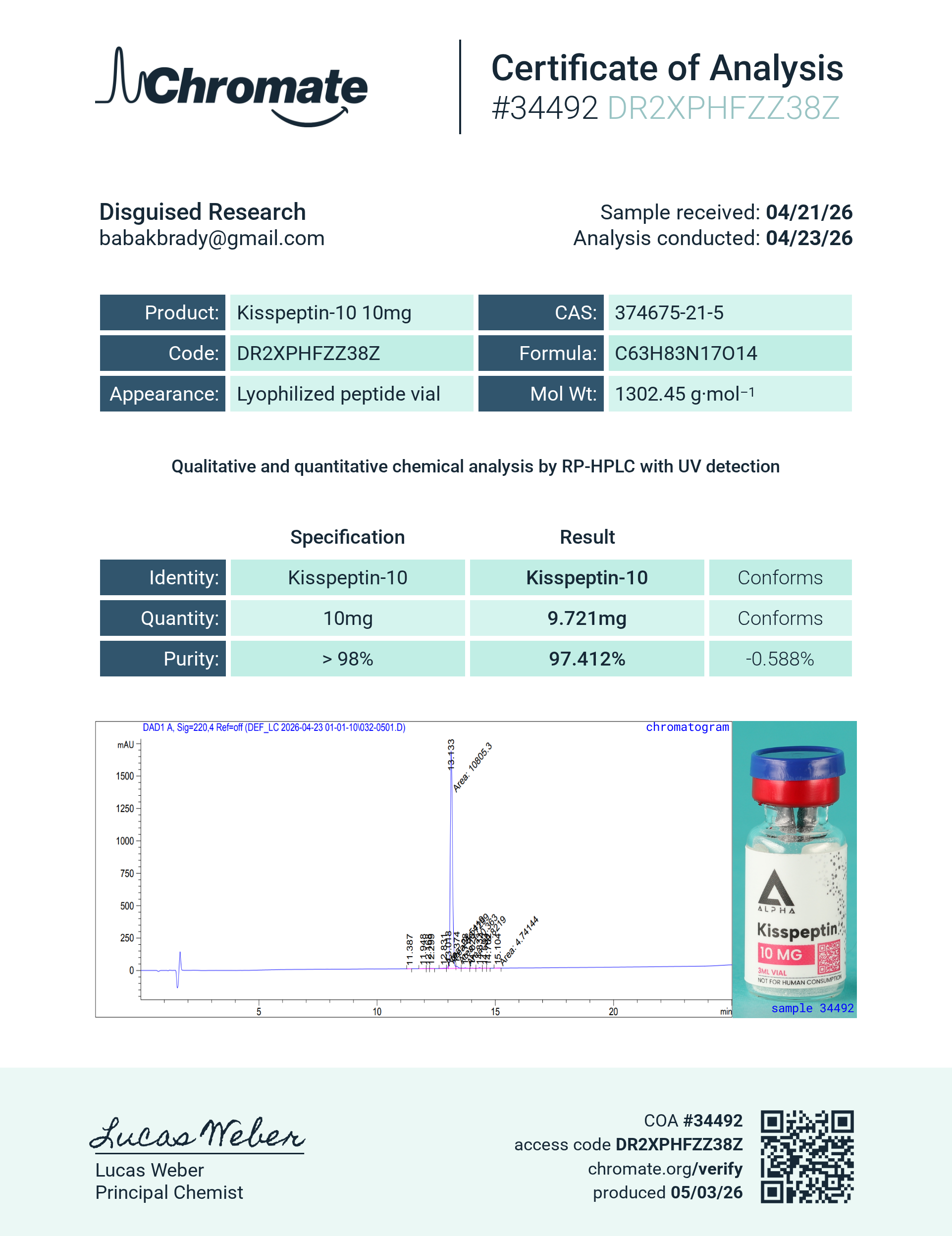 Kisspeptin batch #34492 certificate of analysis from Chromate
