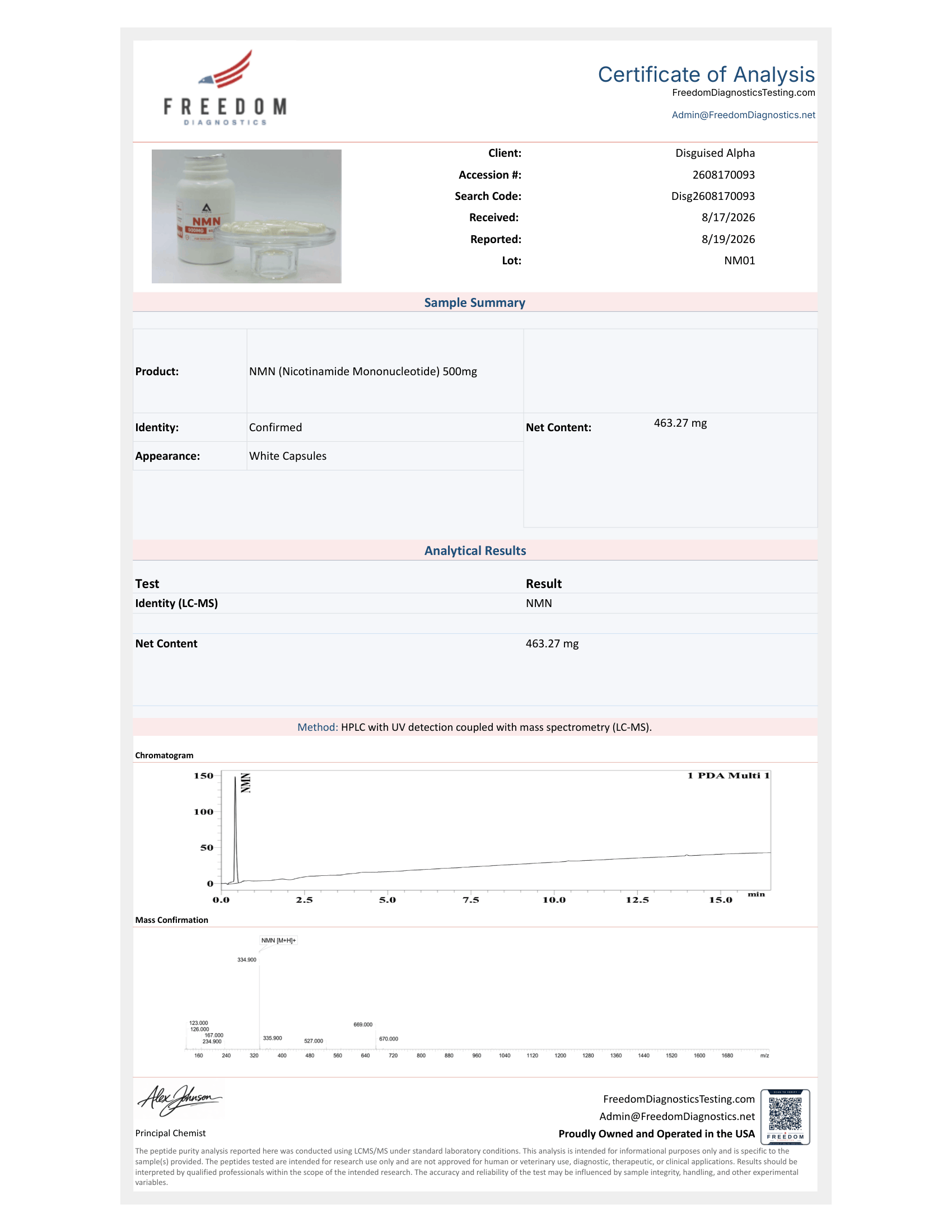 NMN (Nicotinamide Mononucleotide) batch NM01 certificate of analysis from Freedom Diagnostics