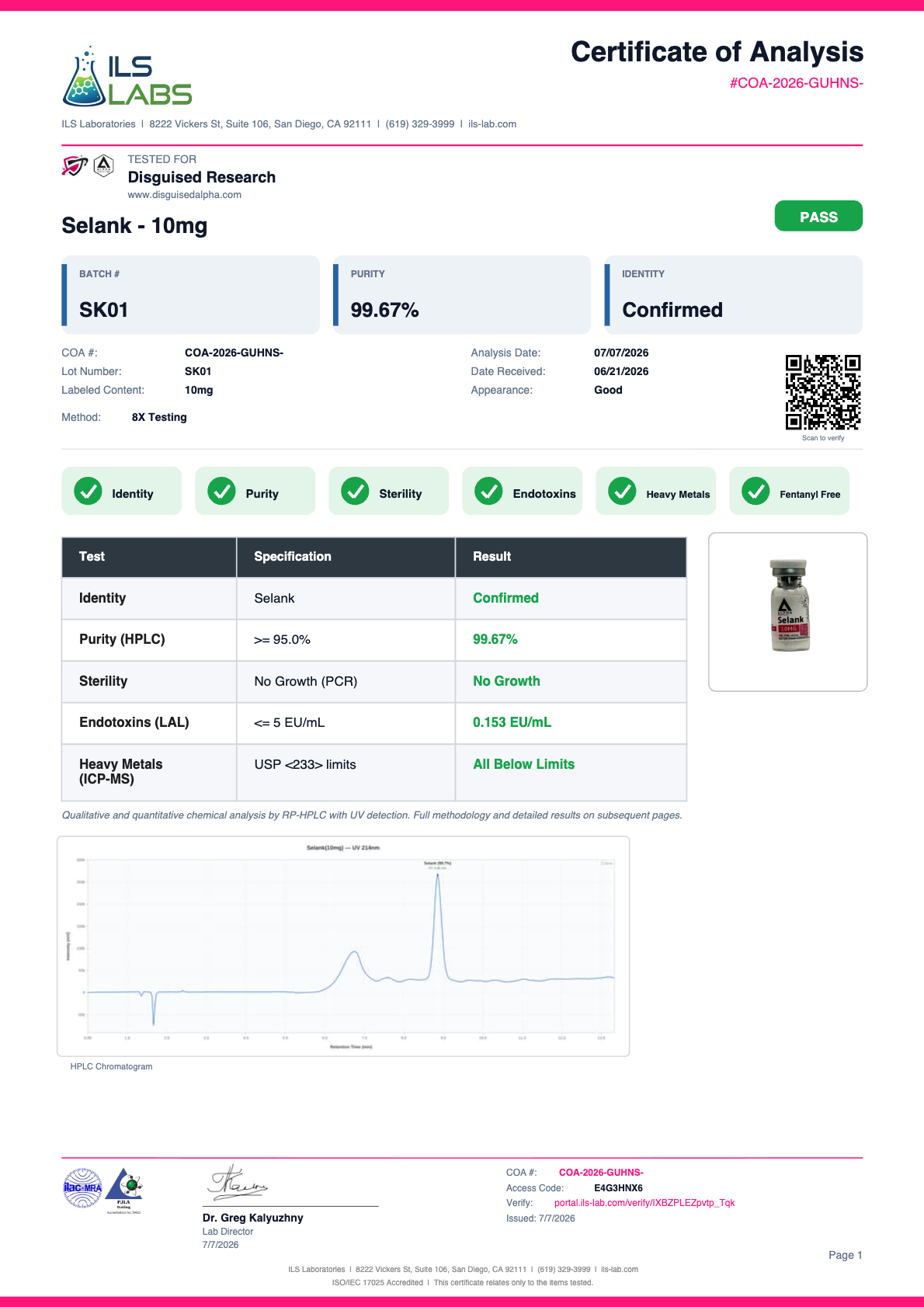 Selank Aerosol Kit batch SK01 certificate of analysis from ILS Laboratories