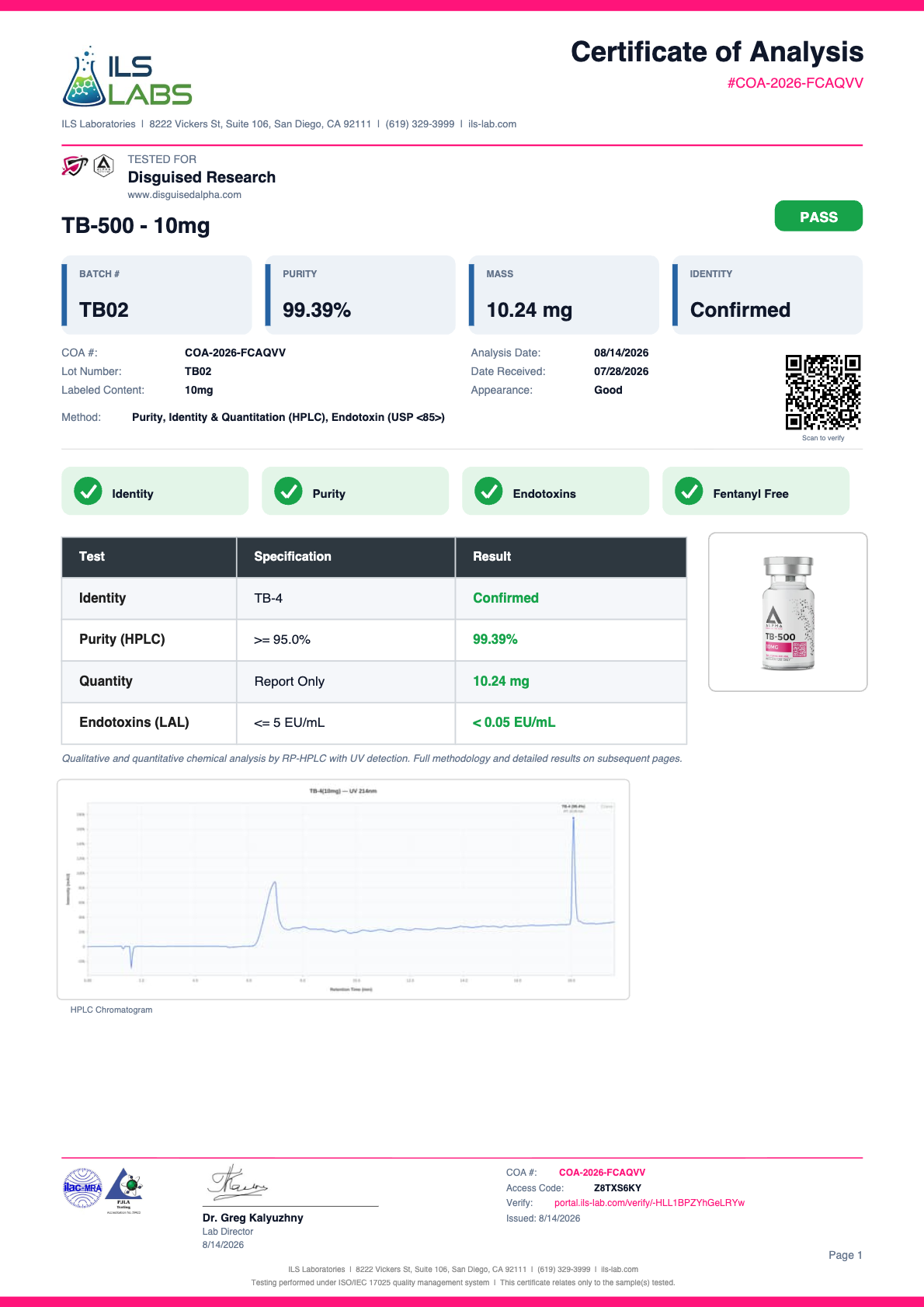 TB-500 (Thymosin Beta-4) batch TB02 certificate of analysis from ILS Laboratories