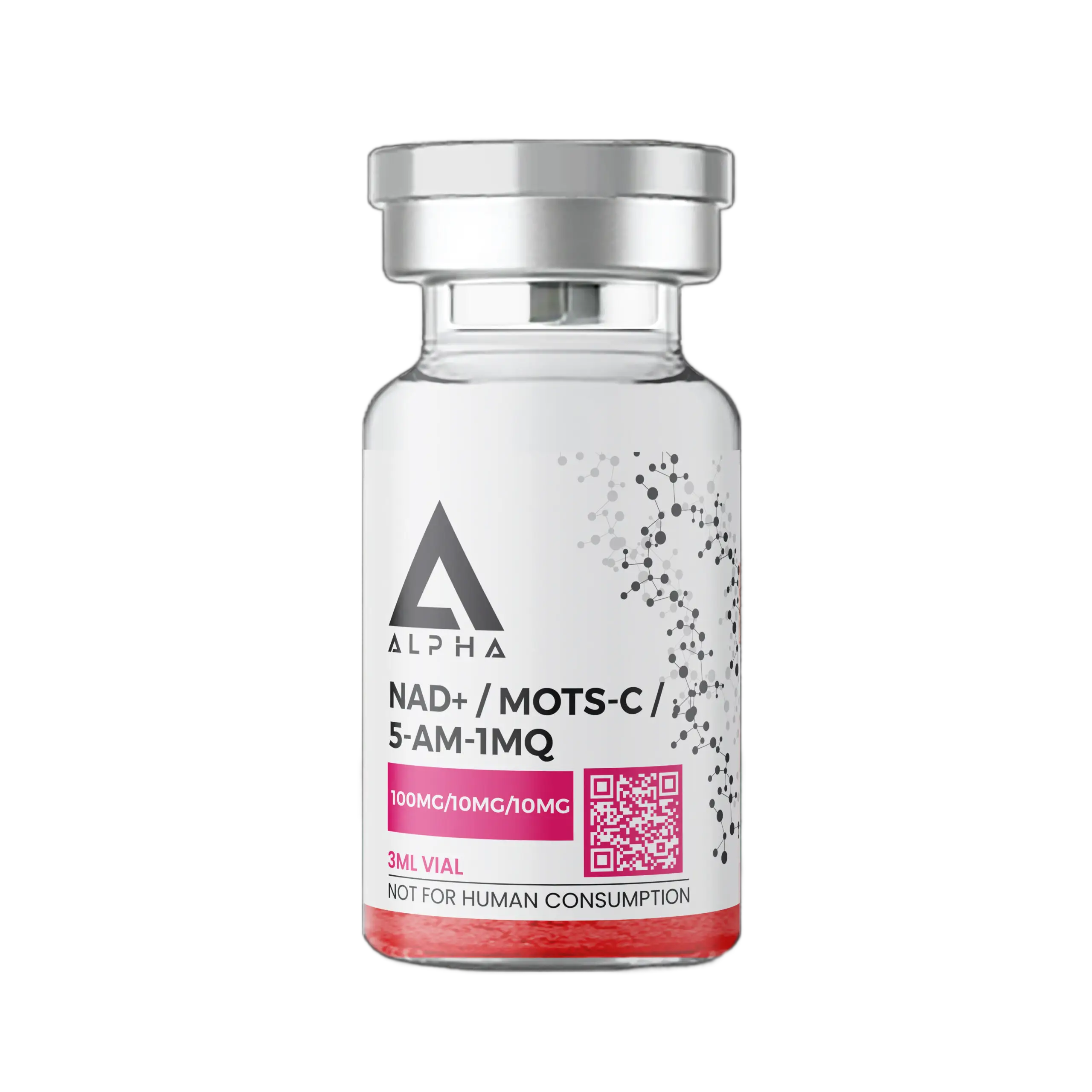 Supplement label featuring NAD+, MOTS-C, and 5-Amino-1MQ (5 amino 1mq with nad concept)