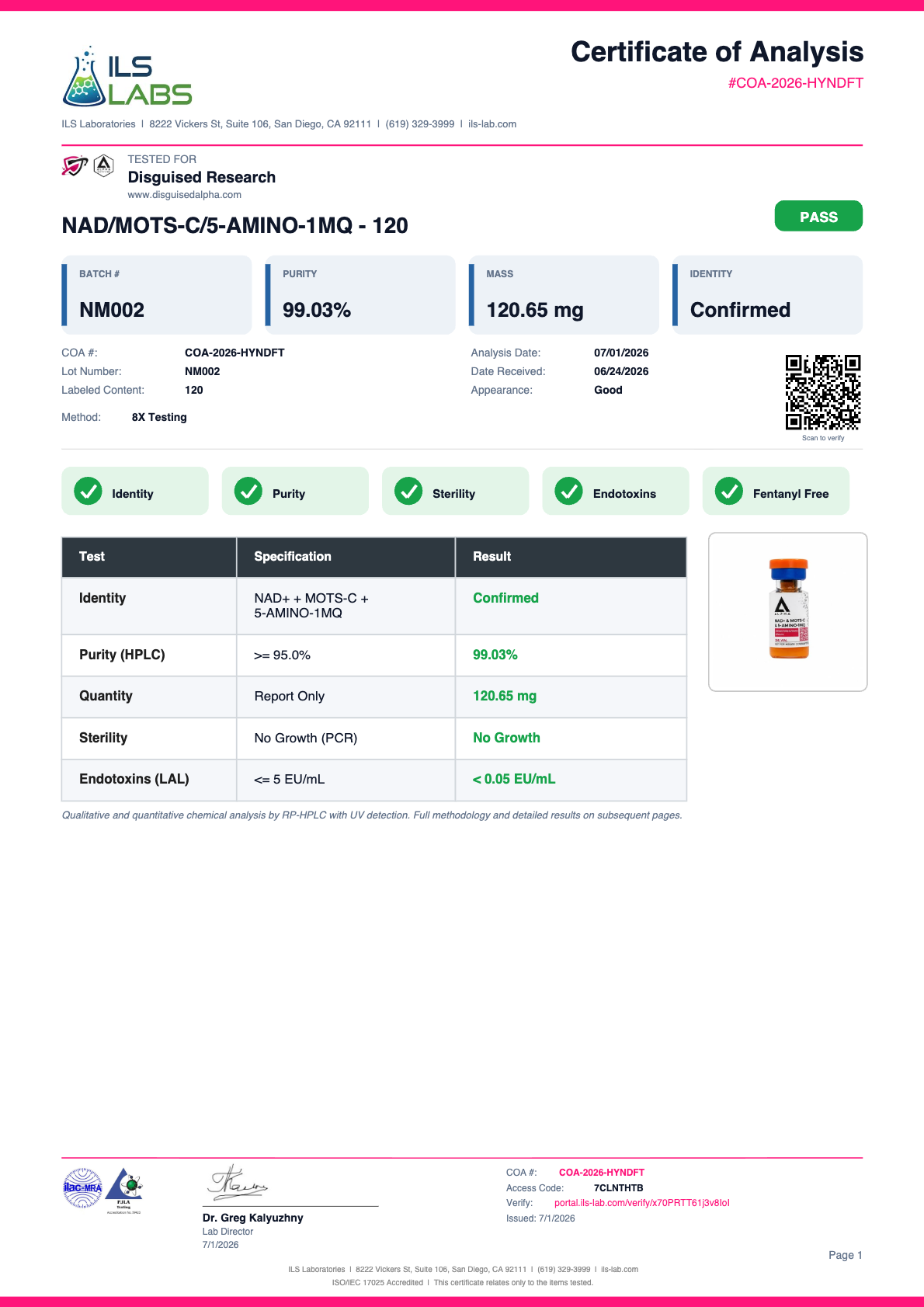 MitoPrime (NAD+ / MOTs-C / 5-Amino-1MQ) batch NM002 certificate of analysis from ILS Laboratories