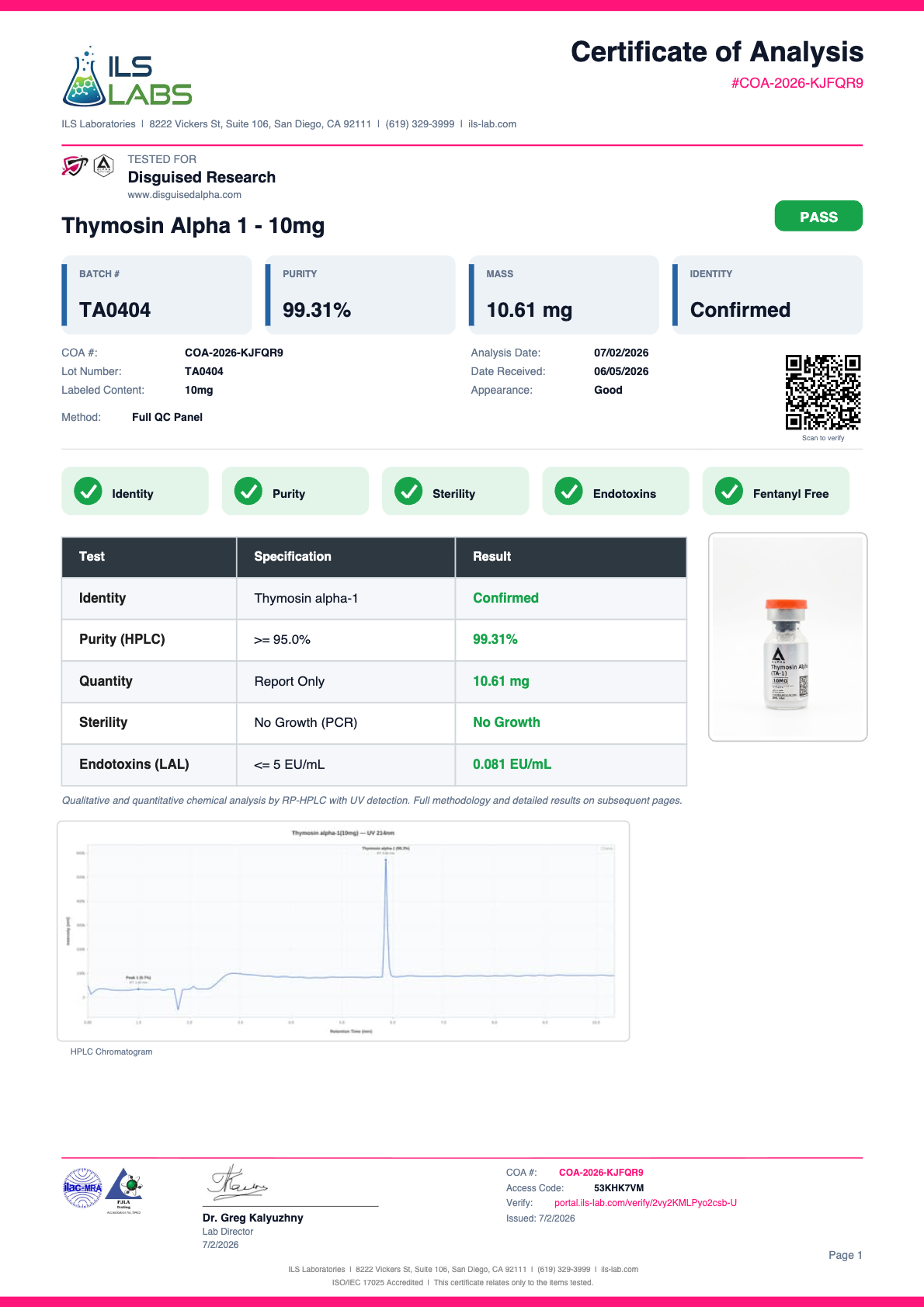 Thymosin Alpha-1 (Tα-1) batch TA0404 certificate of analysis from ILS Laboratories