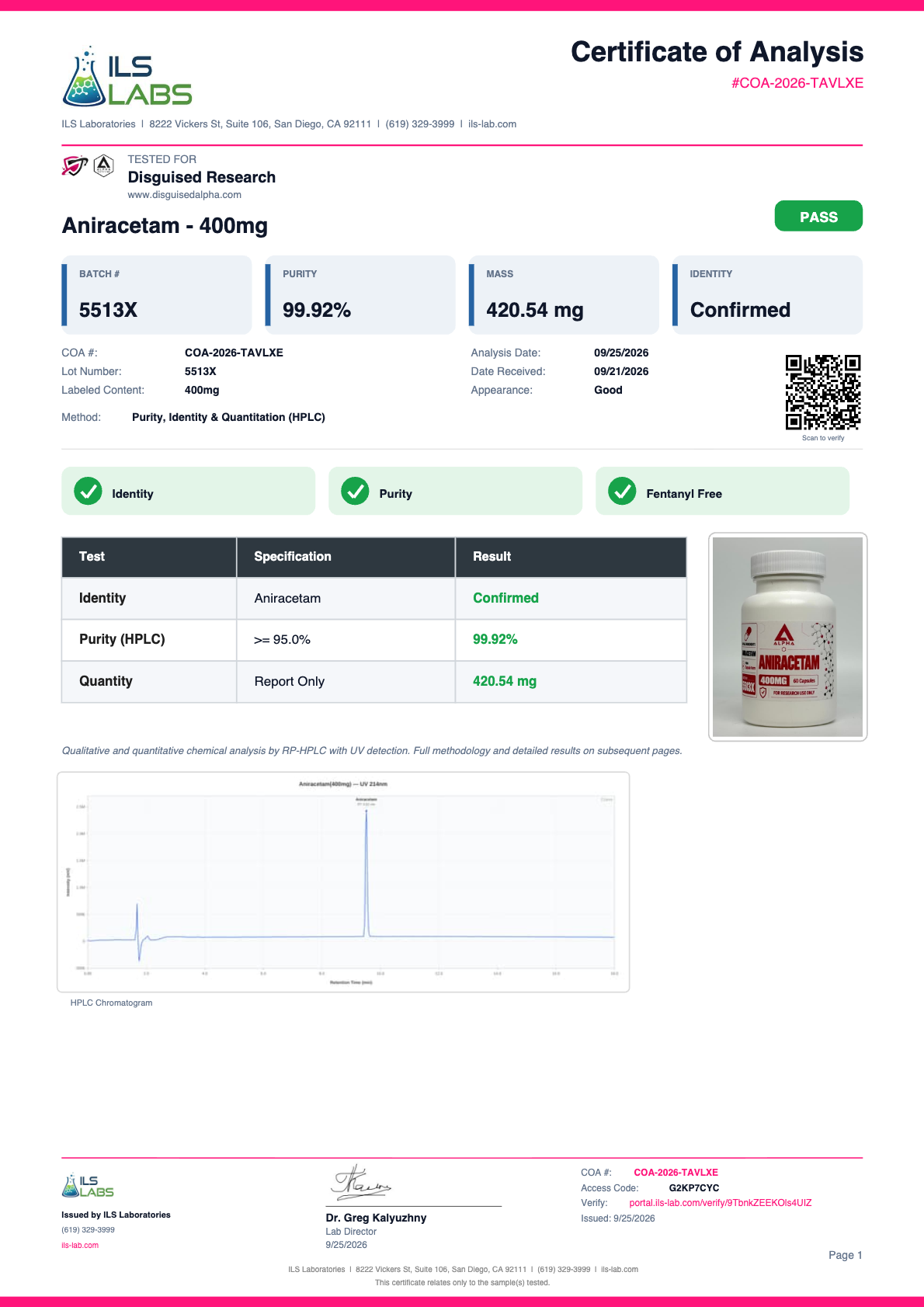 Aniracetam batch 5513X certificate of analysis from ILS Laboratories