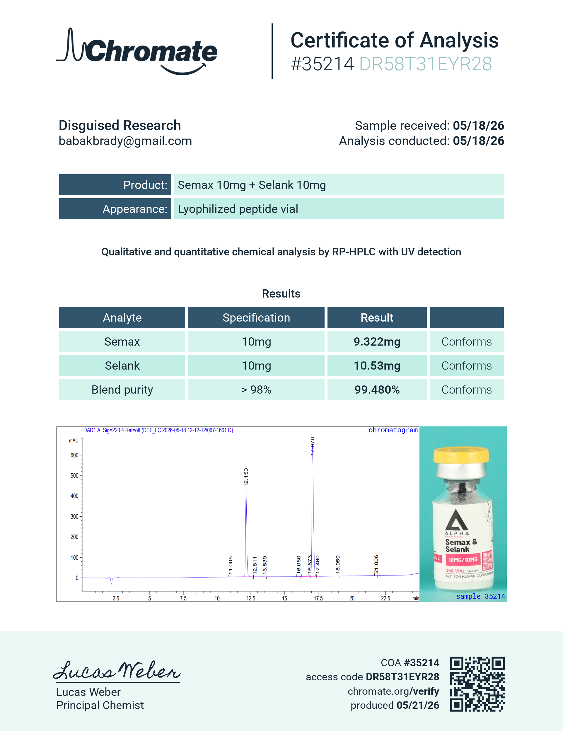 Semax & Selank batch #35214 certificate of analysis from Chromate