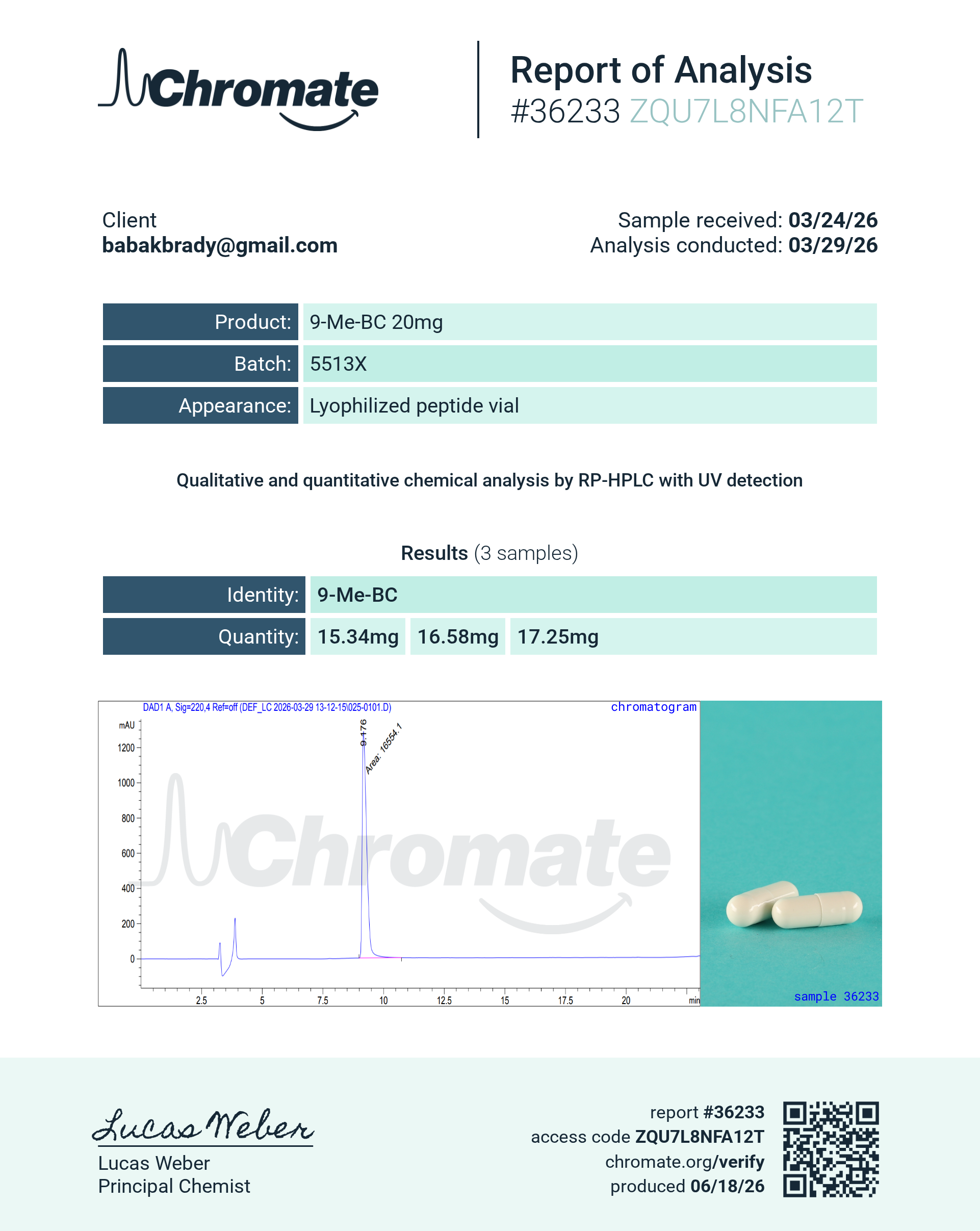 9-ME-BC (9-Methyl-β-carboline) batch 5513X certificate of analysis from Chromate