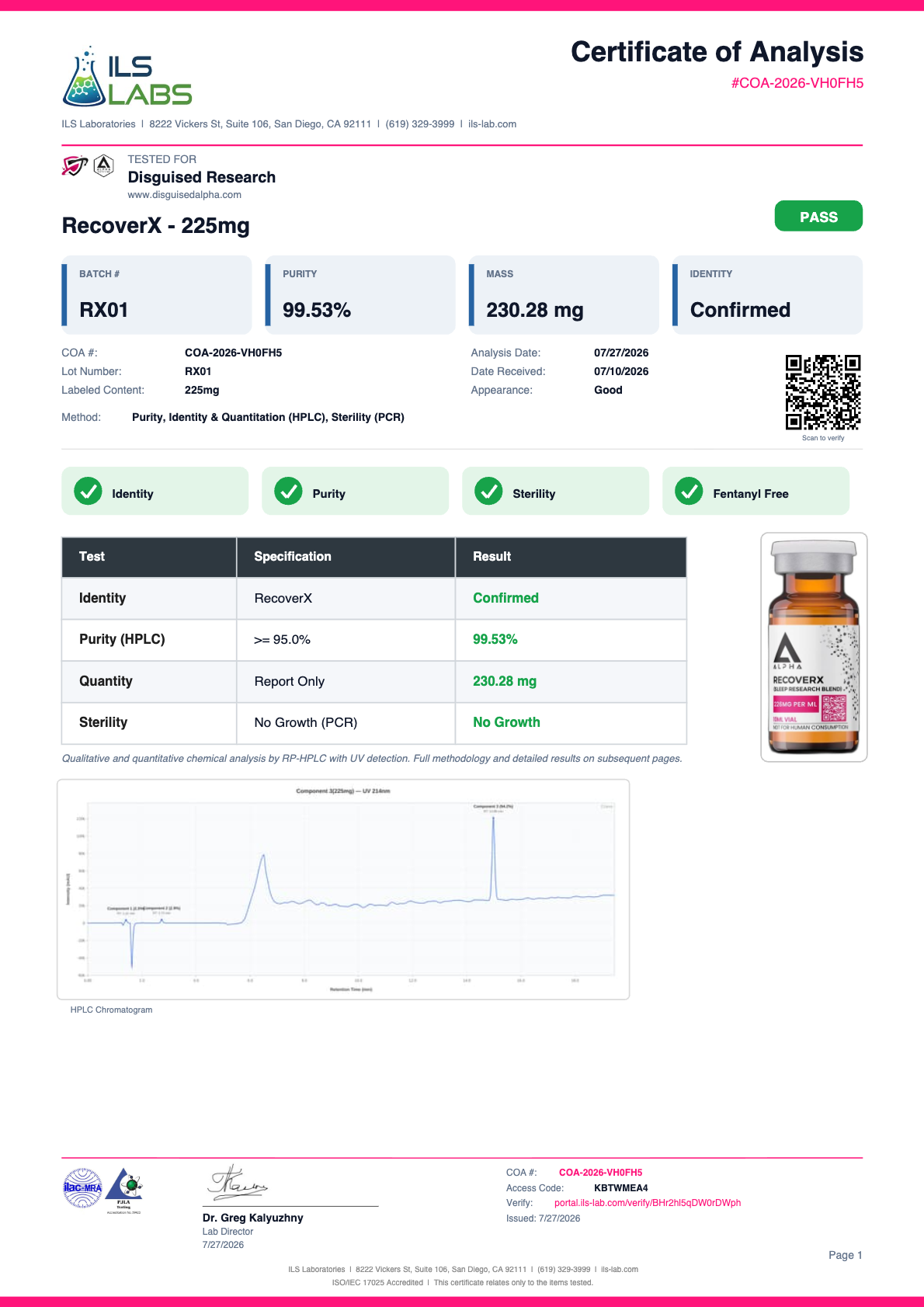 RecoverX (Recovery & Restoration Research Blend) batch RX01 certificate of analysis from ILS Laboratories