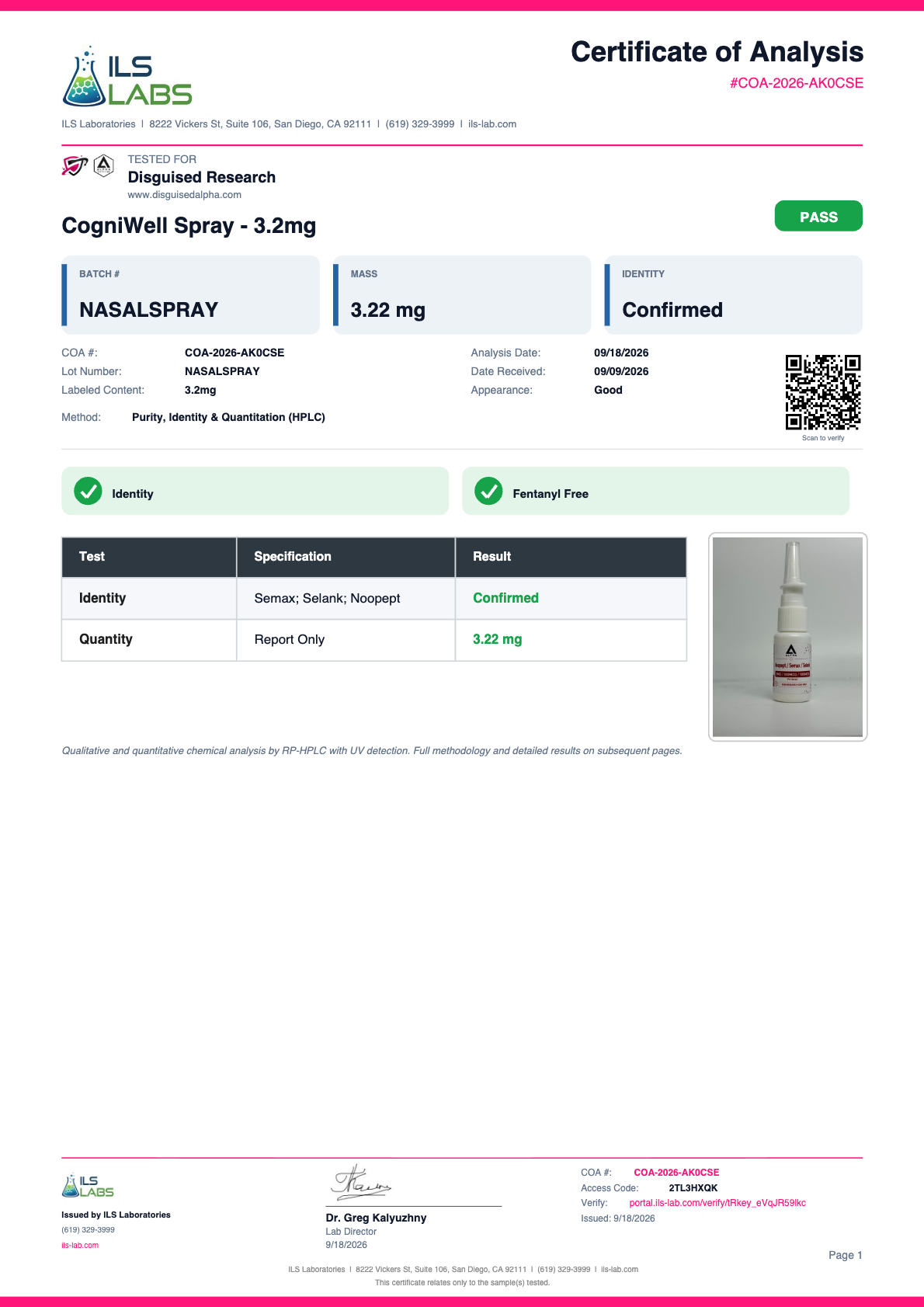 CogniWell (Noopept / Semax / Selank Aerosol Spray) batch NASALSPRAY certificate of analysis from ILS Laboratories
