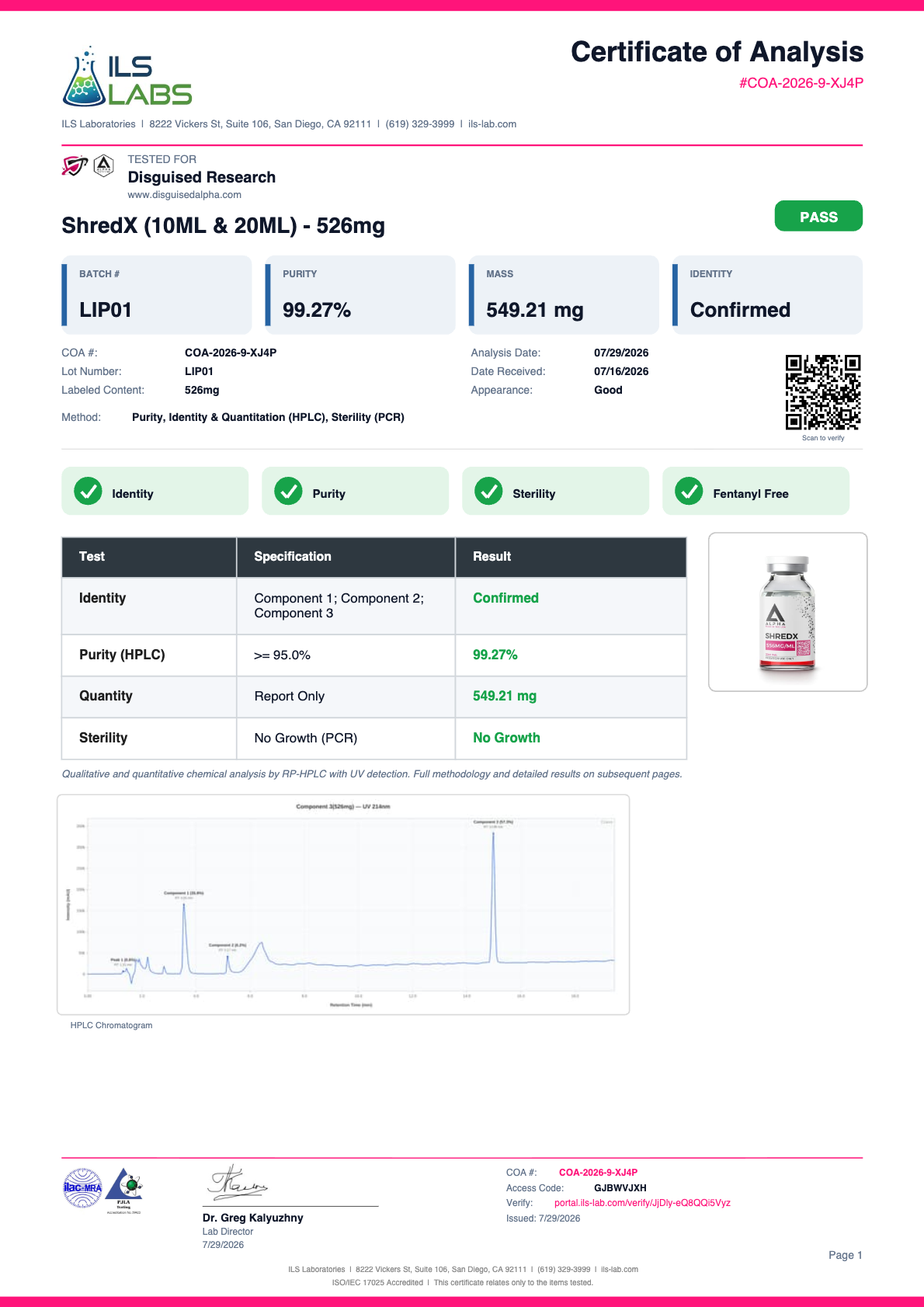 ShredX (Metabolic Research Blend) batch LIP01 certificate of analysis from ILS Laboratories