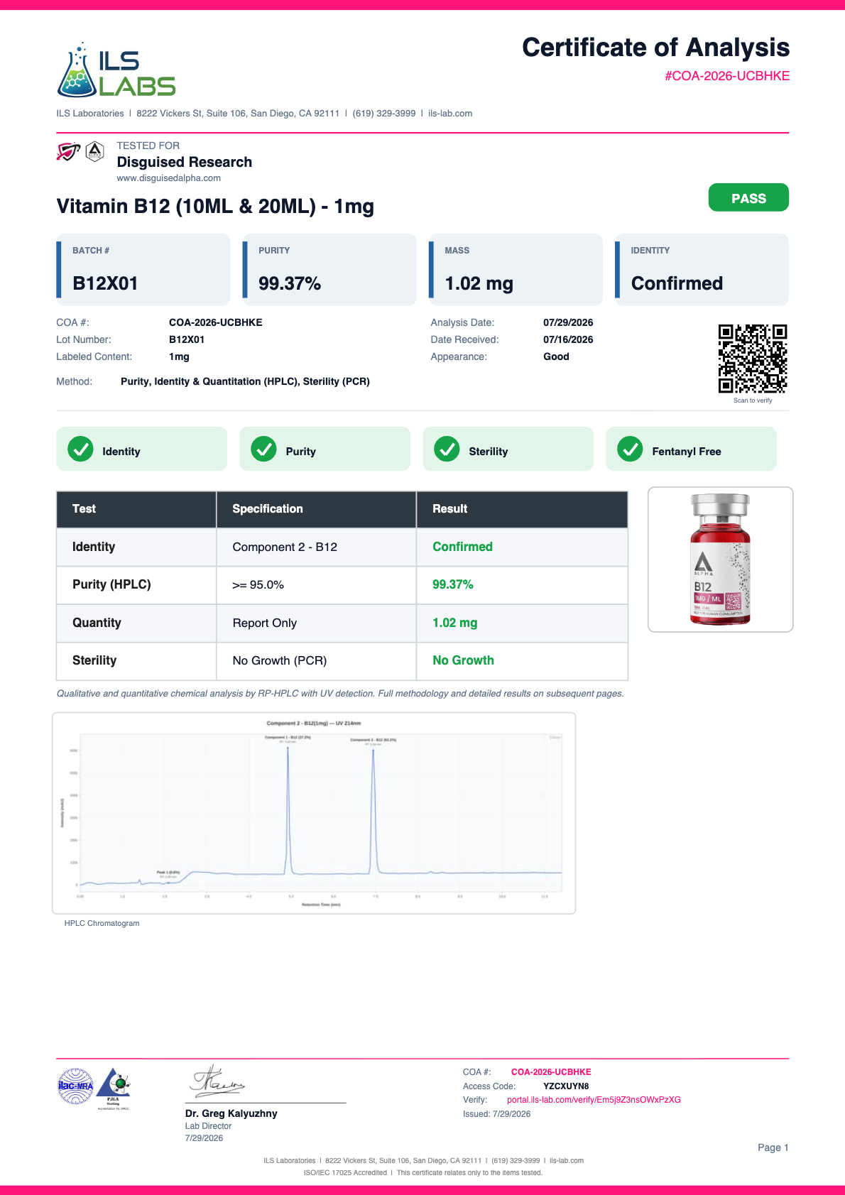 Methylated B12 (1MG/ML) batch B12X01 certificate of analysis from ILS Laboratories