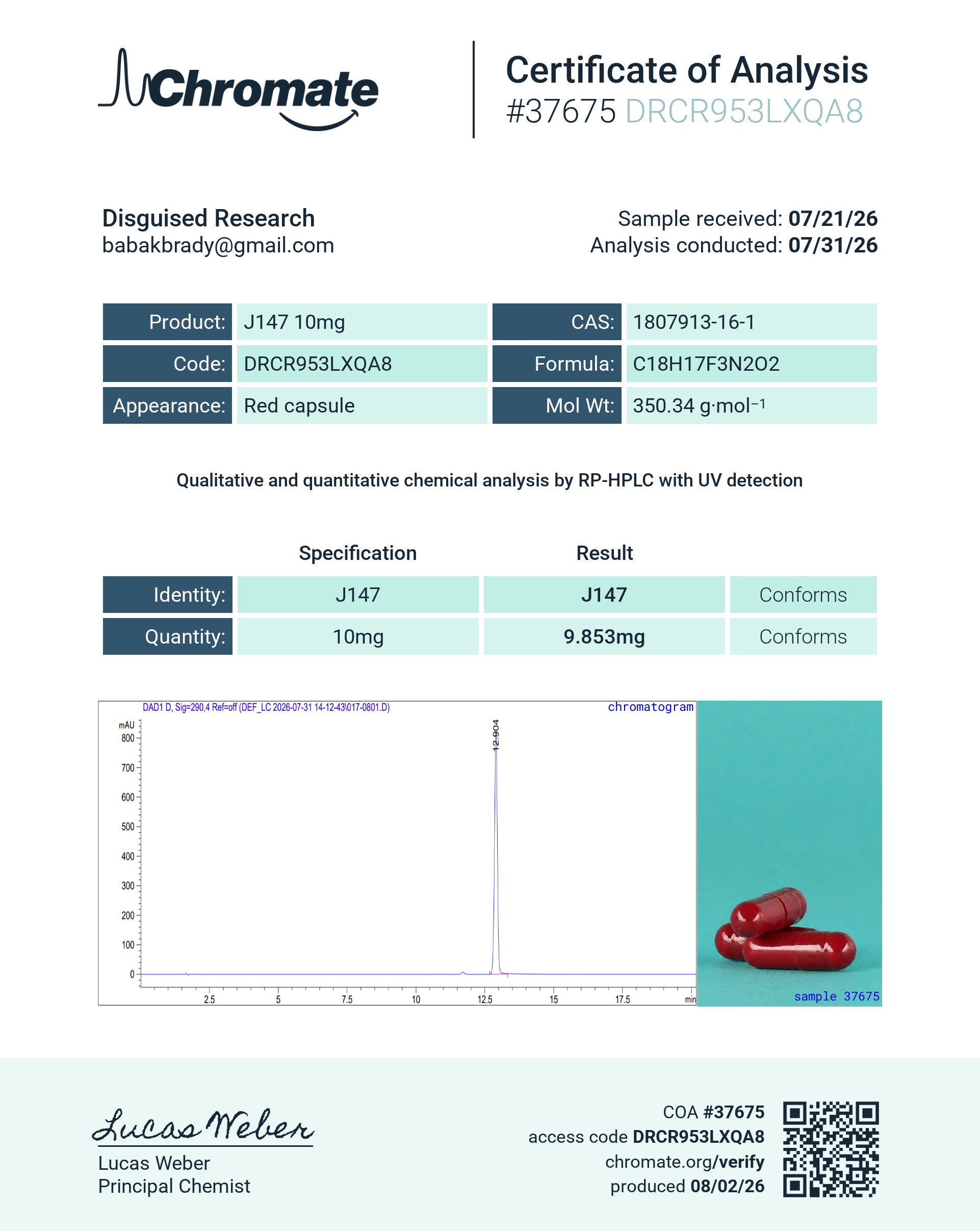 J-147 batch #37675 certificate of analysis from Chromate