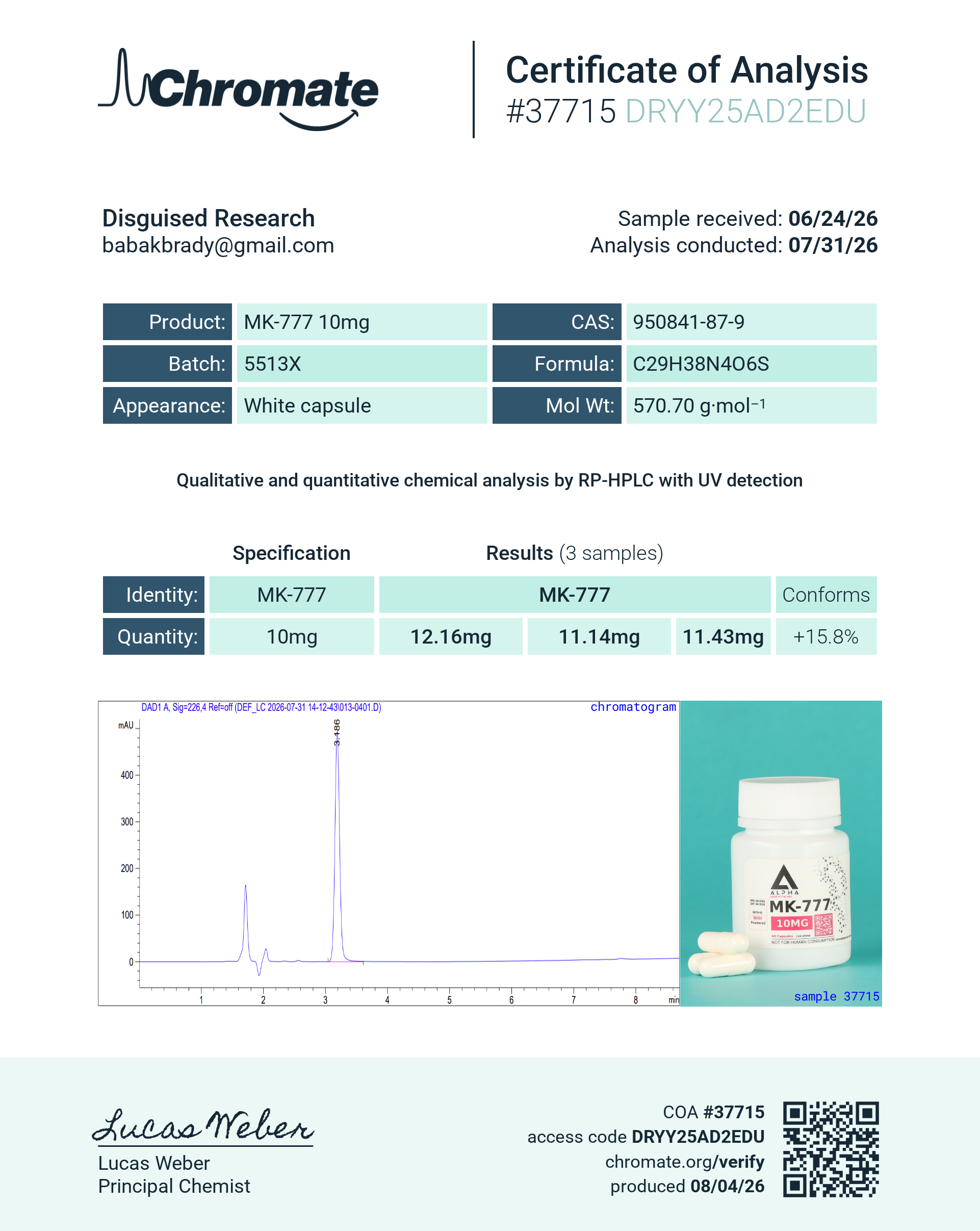 MK777 (Acetamoren) batch 5513X certificate of analysis from Chromate