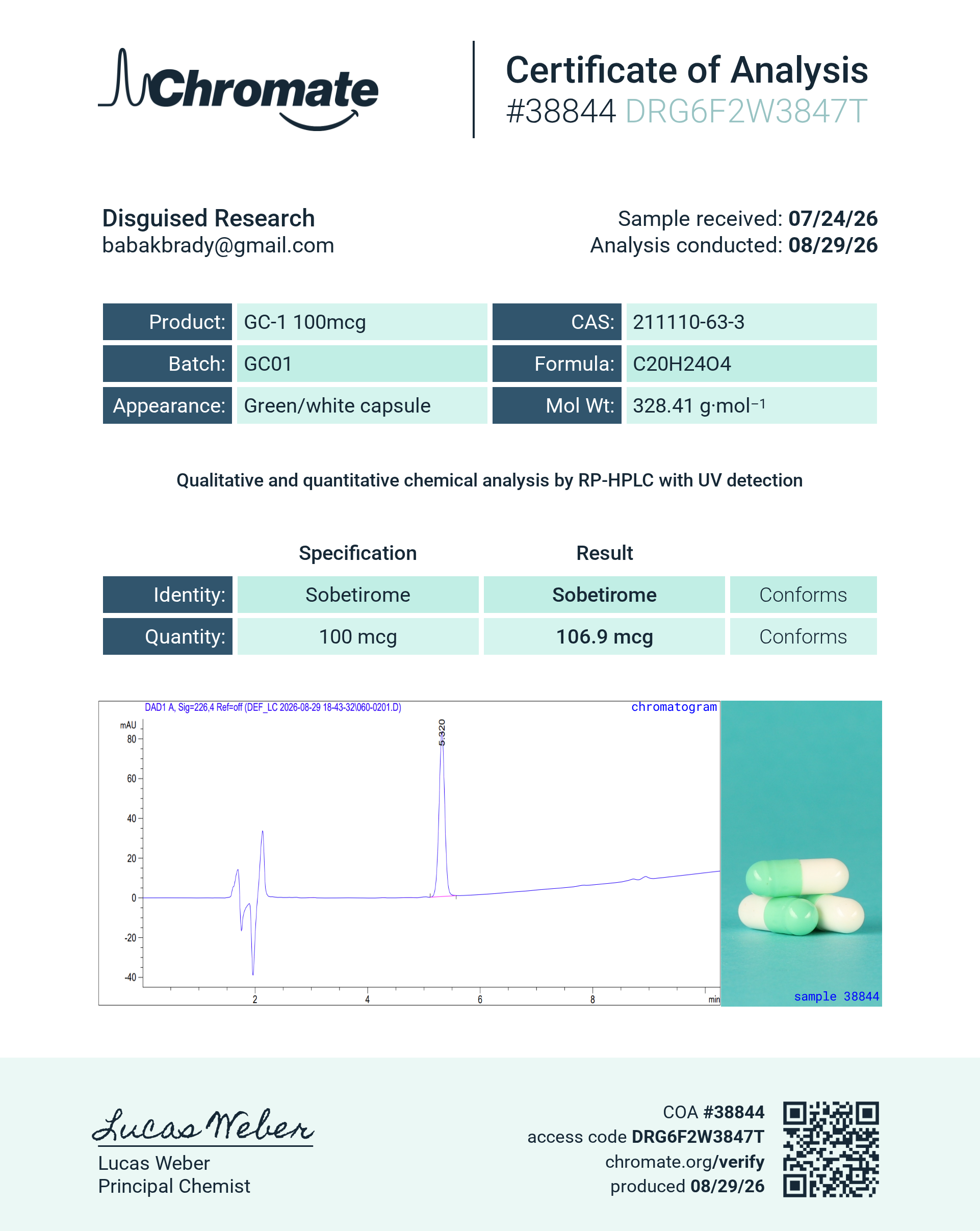 GC-1 Sobetirome batch GC01 certificate of analysis from Chromate