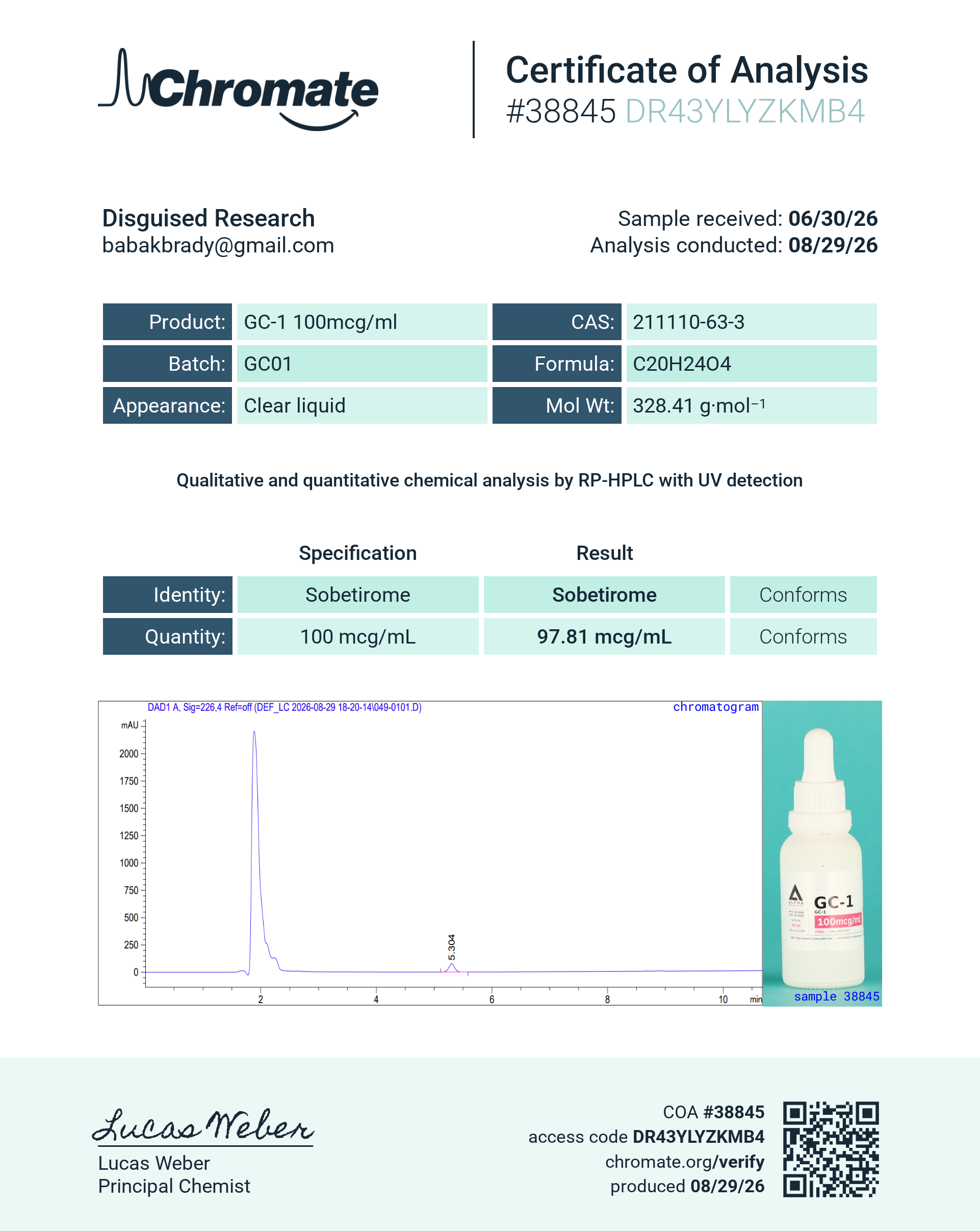 GC-1 Sobetirome batch GC01 certificate of analysis from Chromate