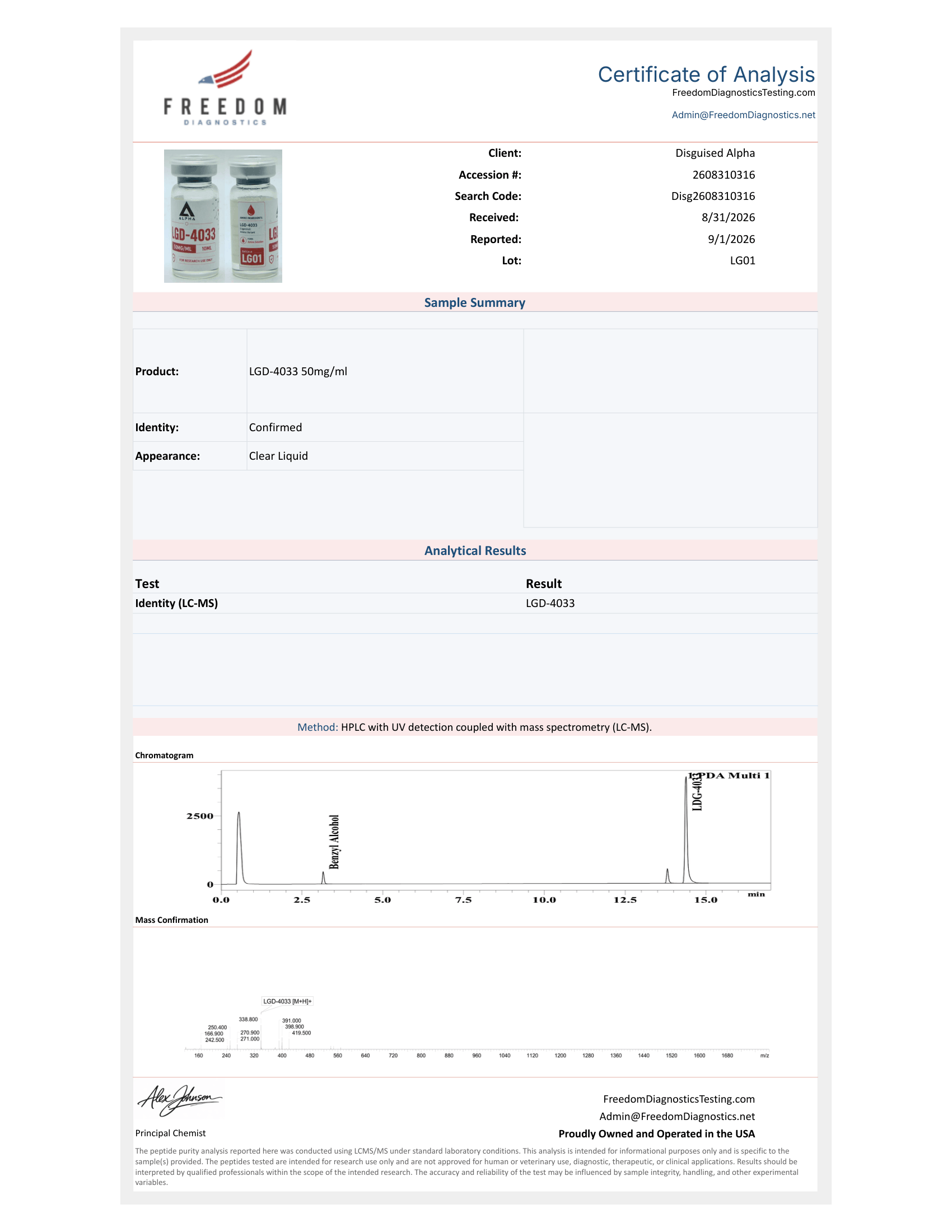 LGD-4033 (50MG/ML) batch LG01 certificate of analysis from Freedom Diagnostics
