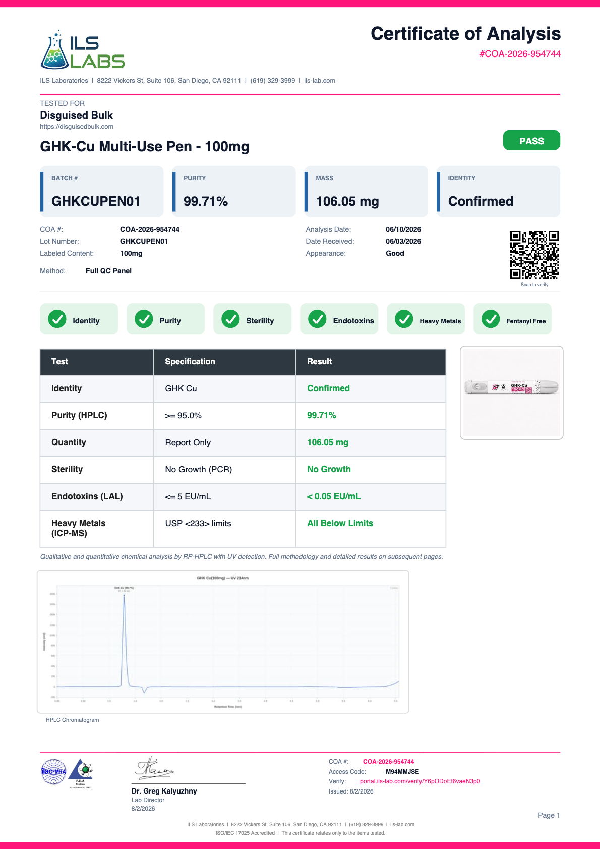 GHK-Cu Pen 100MG batch GHKCUPEN01 certificate of analysis from ILS Laboratories