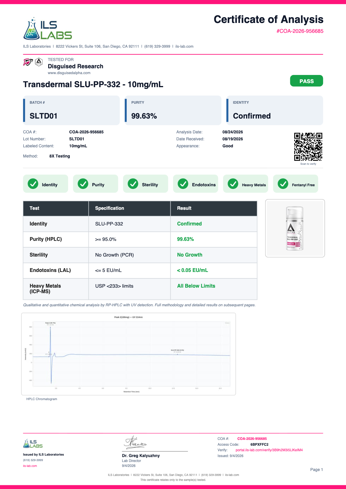 Transdermal SLU-PP-332 (10MG/ML) batch SLTD01 certificate of analysis from ILS Laboratories