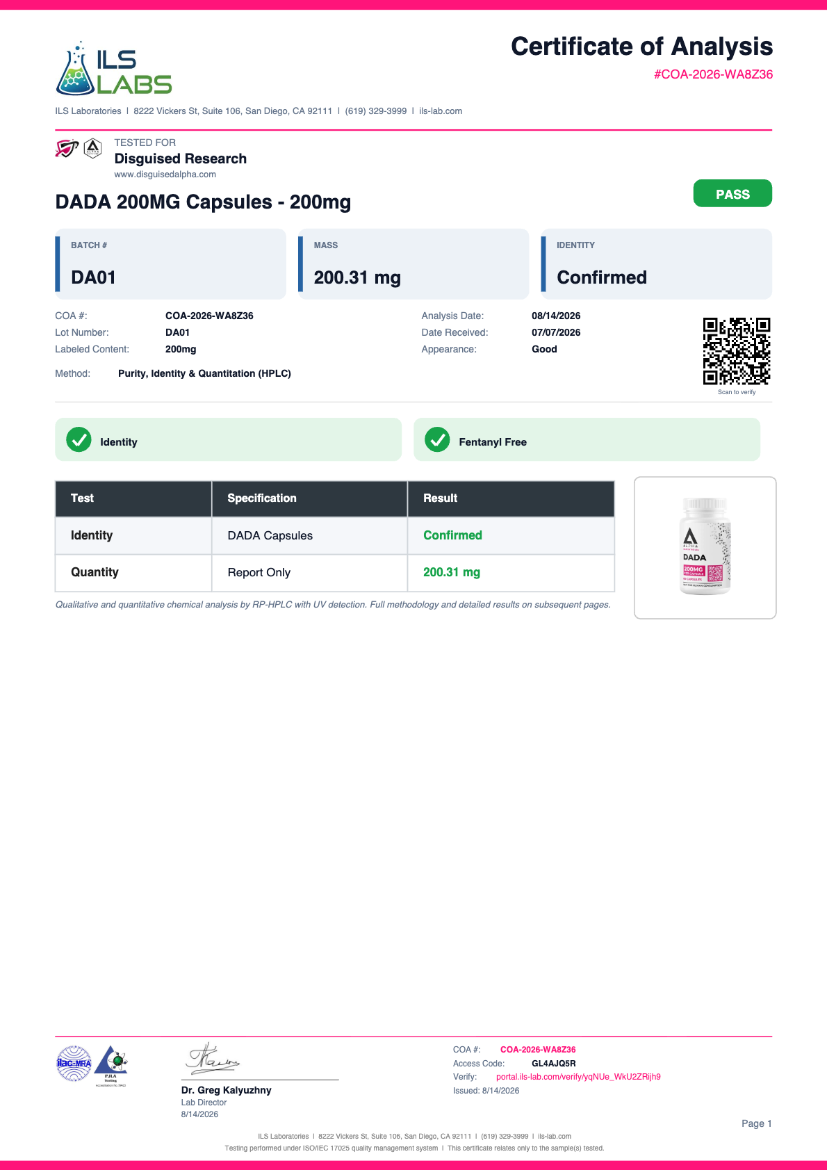 DADA (Diisopropylamine Dichloroacetate) batch DA01 certificate of analysis from ILS Laboratories