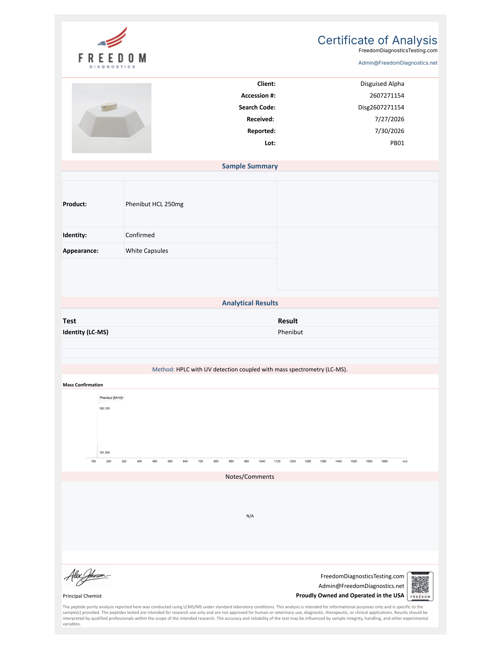 Phenibut HCL batch PB01 certificate of analysis from Freedom Diagnostics