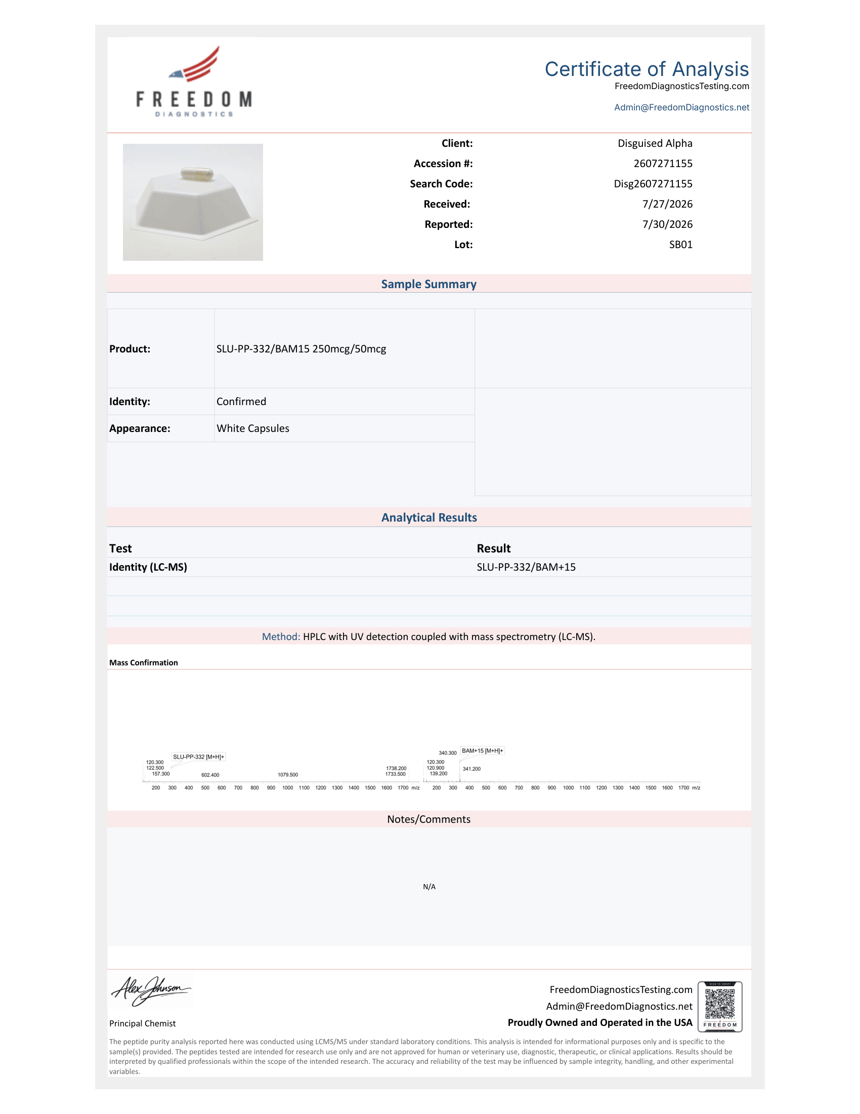 SLU-PP-332 & BAM15 batch SB01 certificate of analysis from Freedom Diagnostics