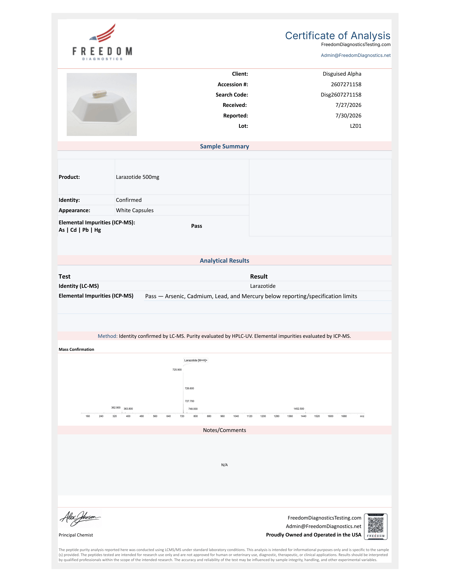 Larazotide batch LZ01 certificate of analysis from Freedom Diagnostics
