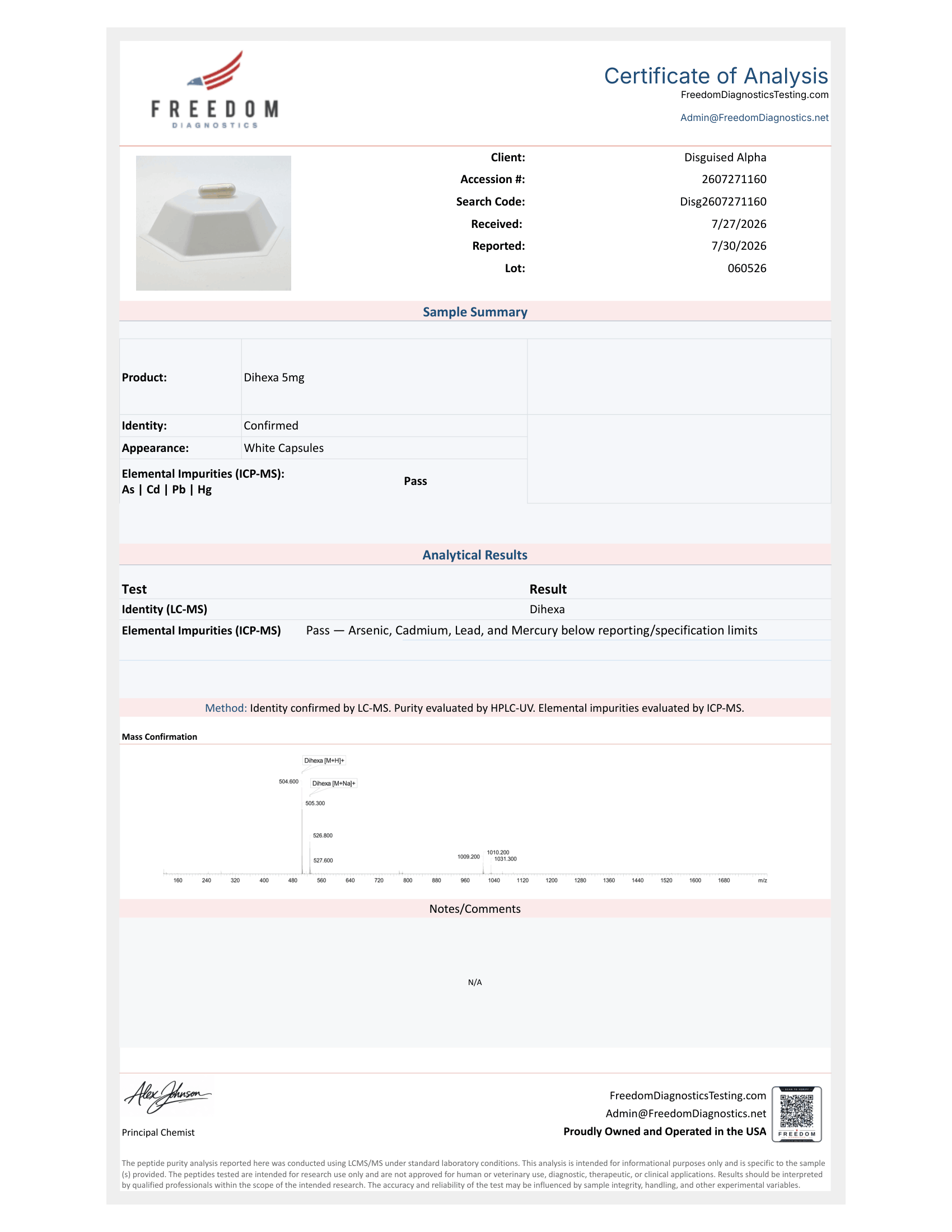 Dihexa batch 060526 certificate of analysis from Freedom Diagnostics