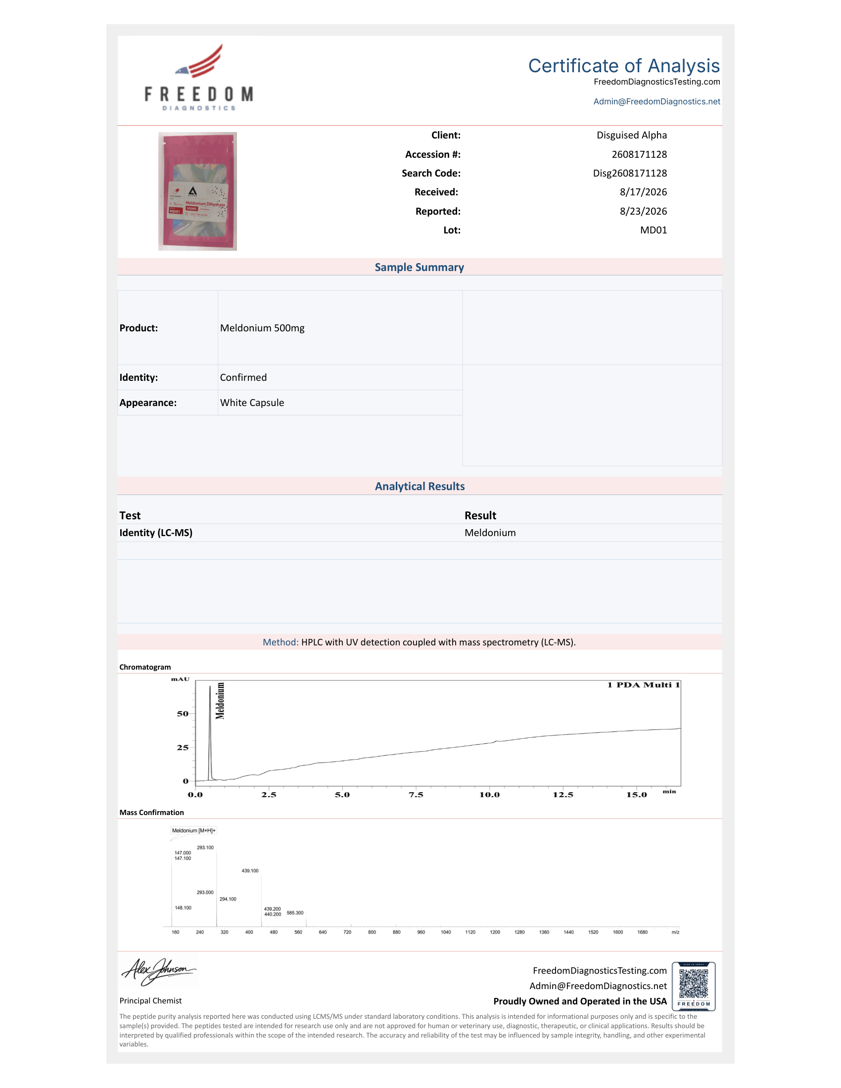 Meldonium Dihydrate batch MD01 certificate of analysis from Freedom Diagnostics