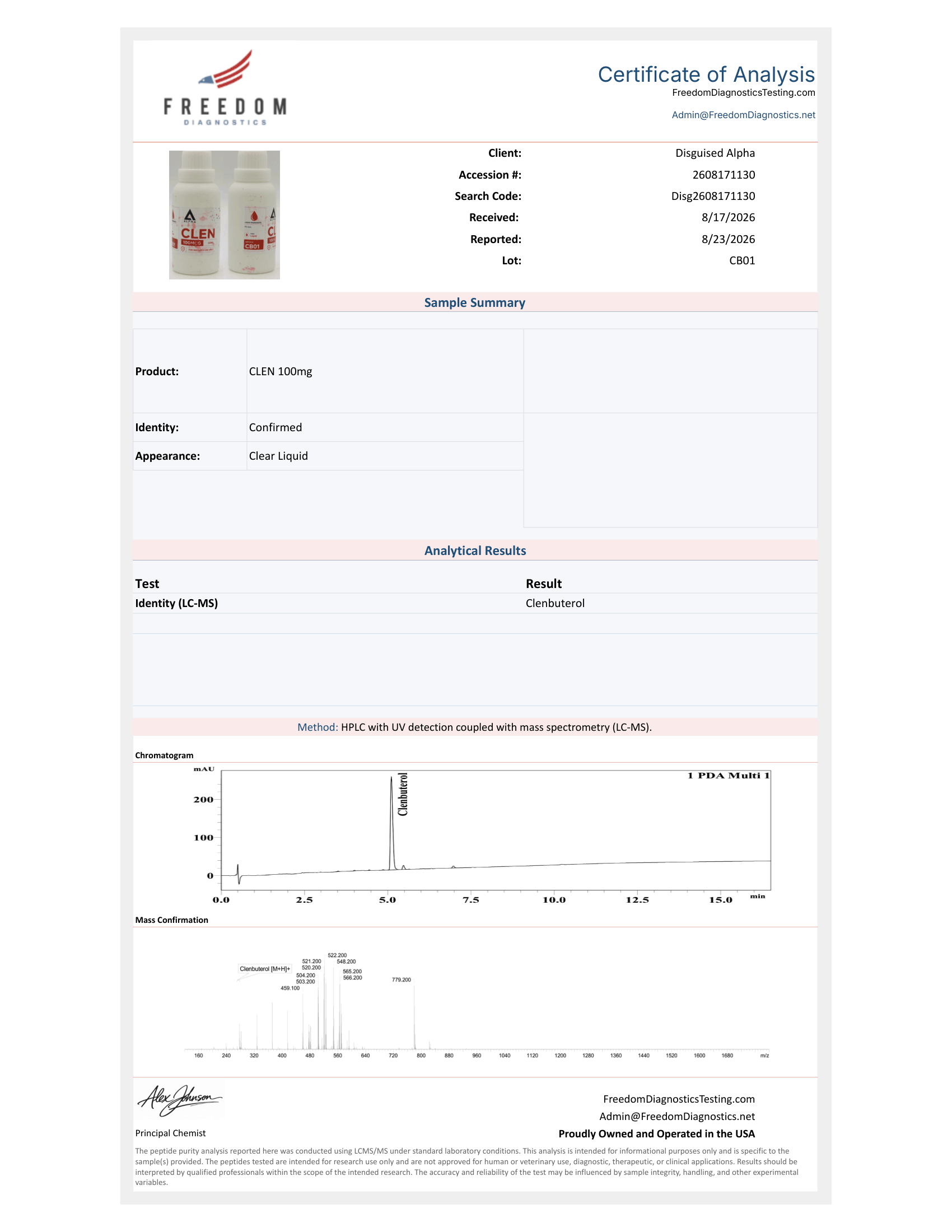 Clen (β₂ Adrenergic Agonist) batch CB01 certificate of analysis from Freedom Diagnostics