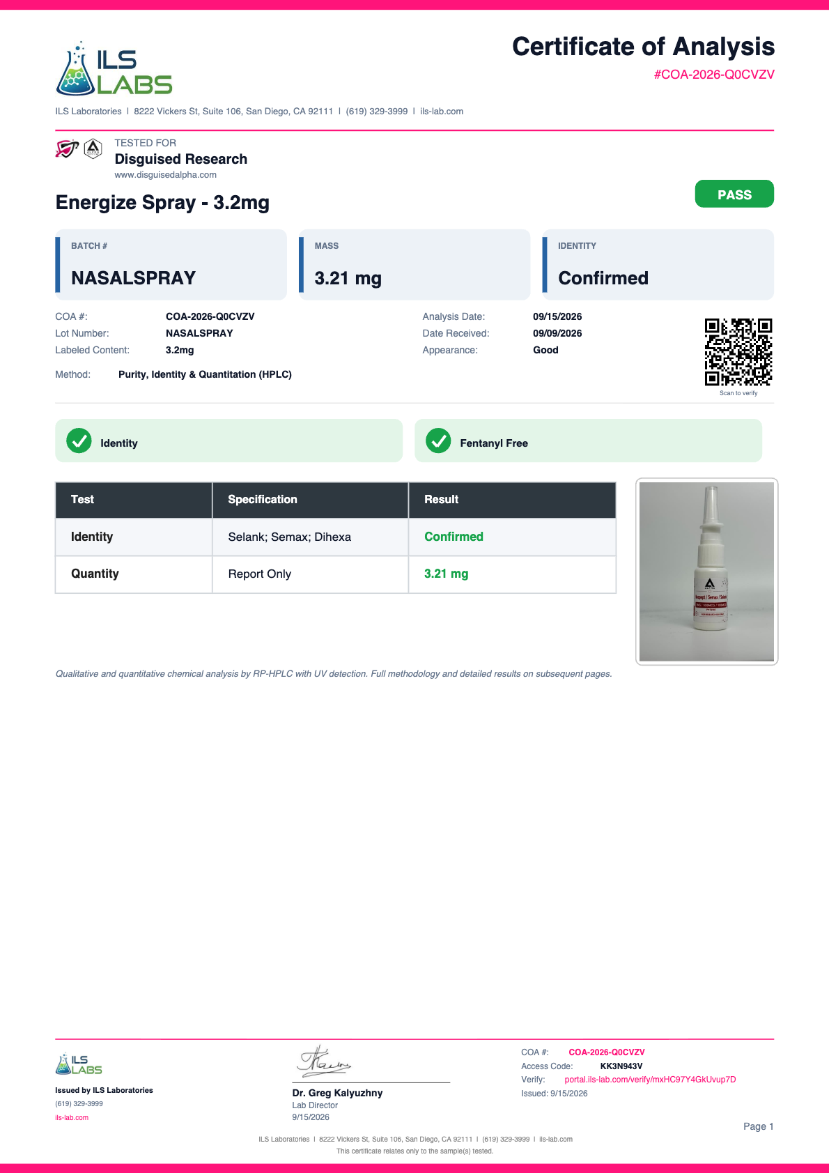 Energize (Dihexa / Semax / Selank Aerosol Spray) batch NASALSPRAY certificate of analysis from ILS Laboratories