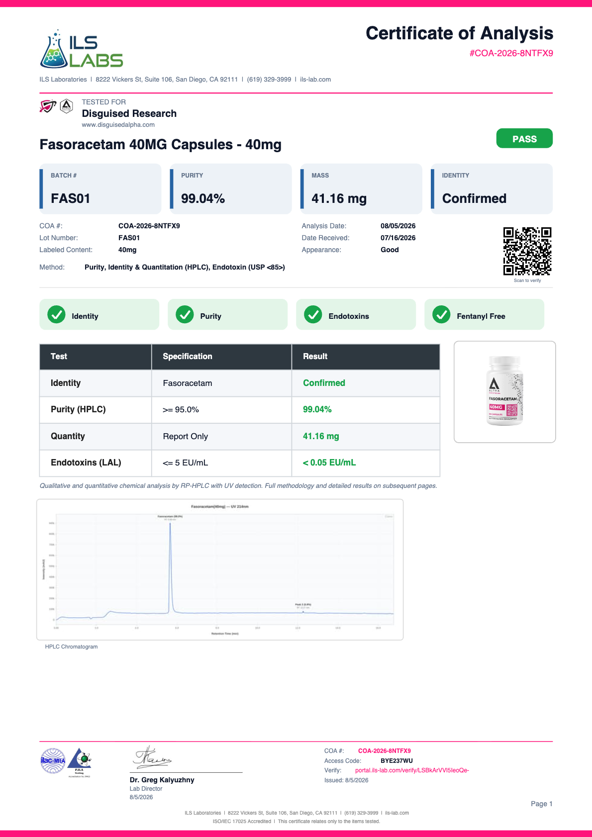 Fasoracetam batch FAS01 certificate of analysis from ILS Laboratories