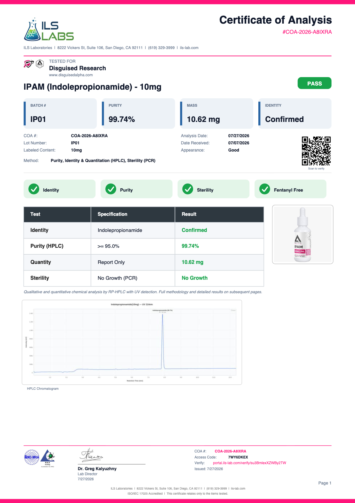 IPAM (Indolepropionamide) batch IP01 certificate of analysis from ILS Laboratories
