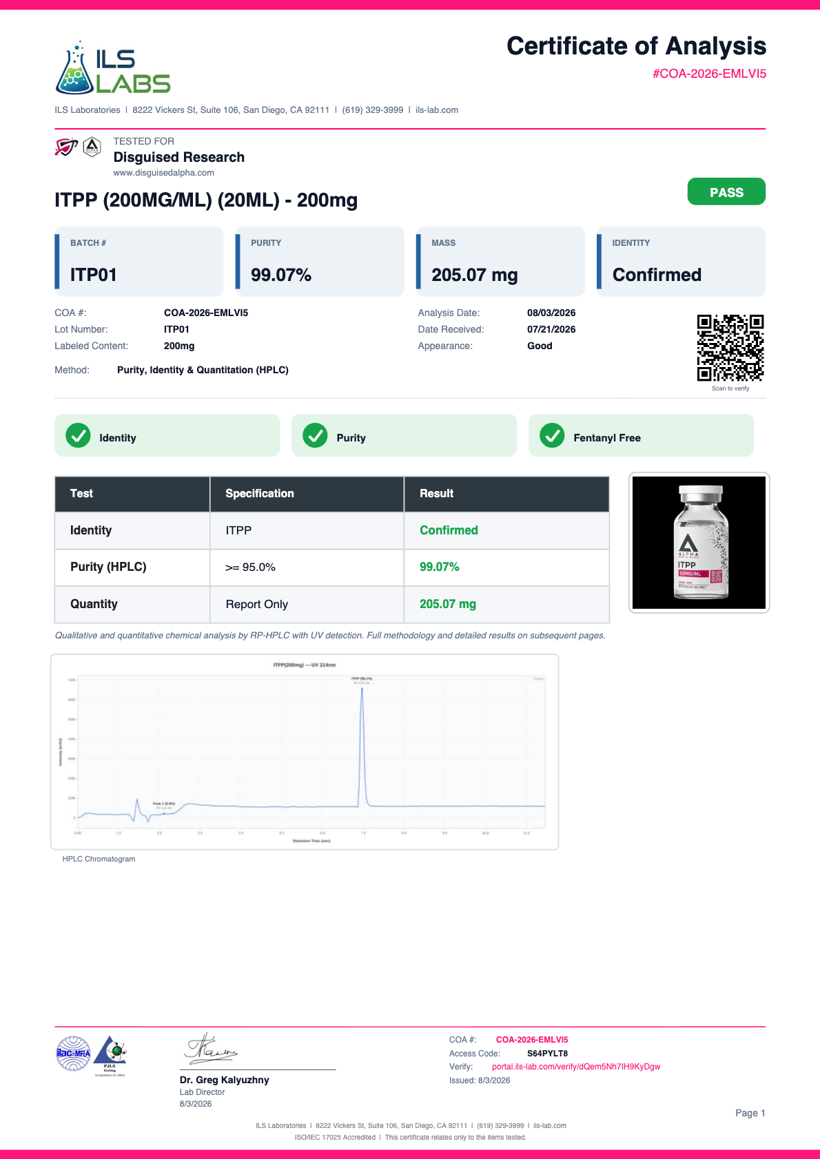 ITPP (200MG/ML) batch ITP01 certificate of analysis from ILS Laboratories