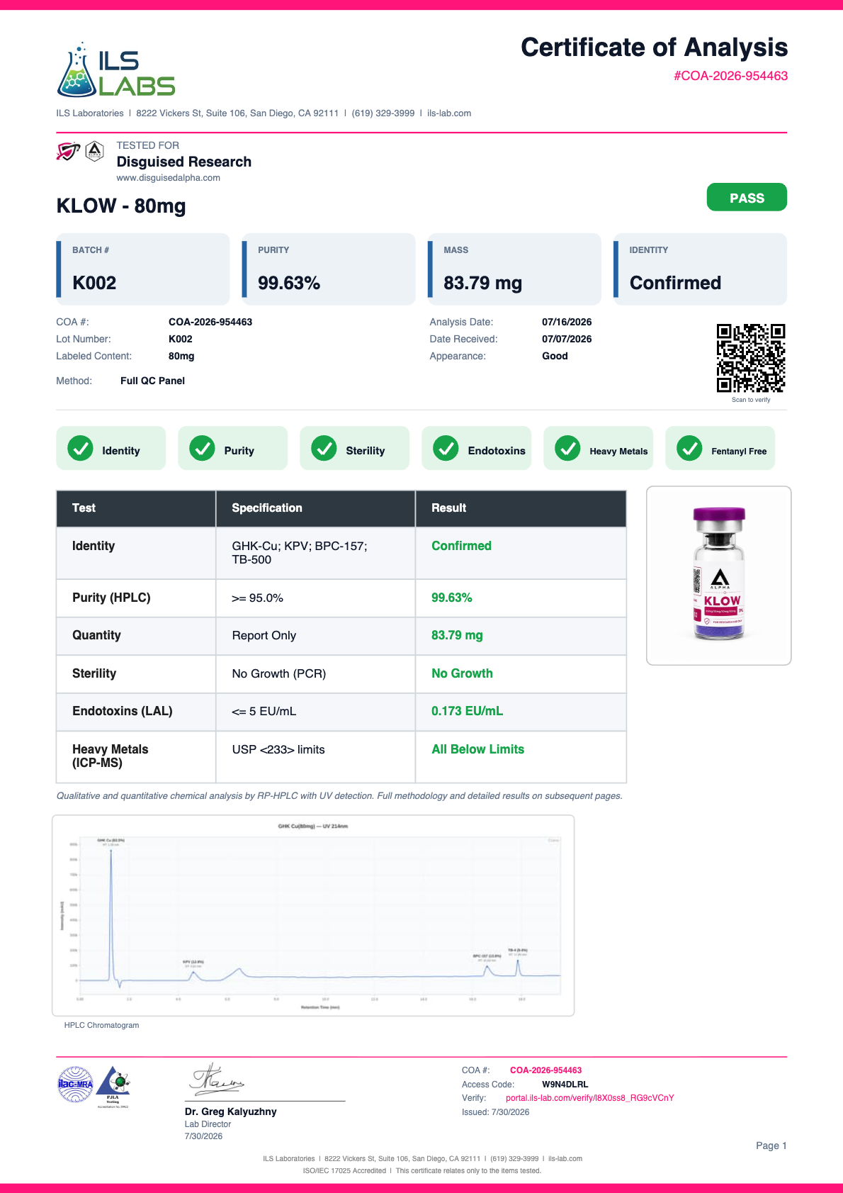 klow certificate of analysis (GHK-CU / BPC-157 / TB-500 / KPV) Size:90CT protective-complex Size 450ml.15 Fl Oz