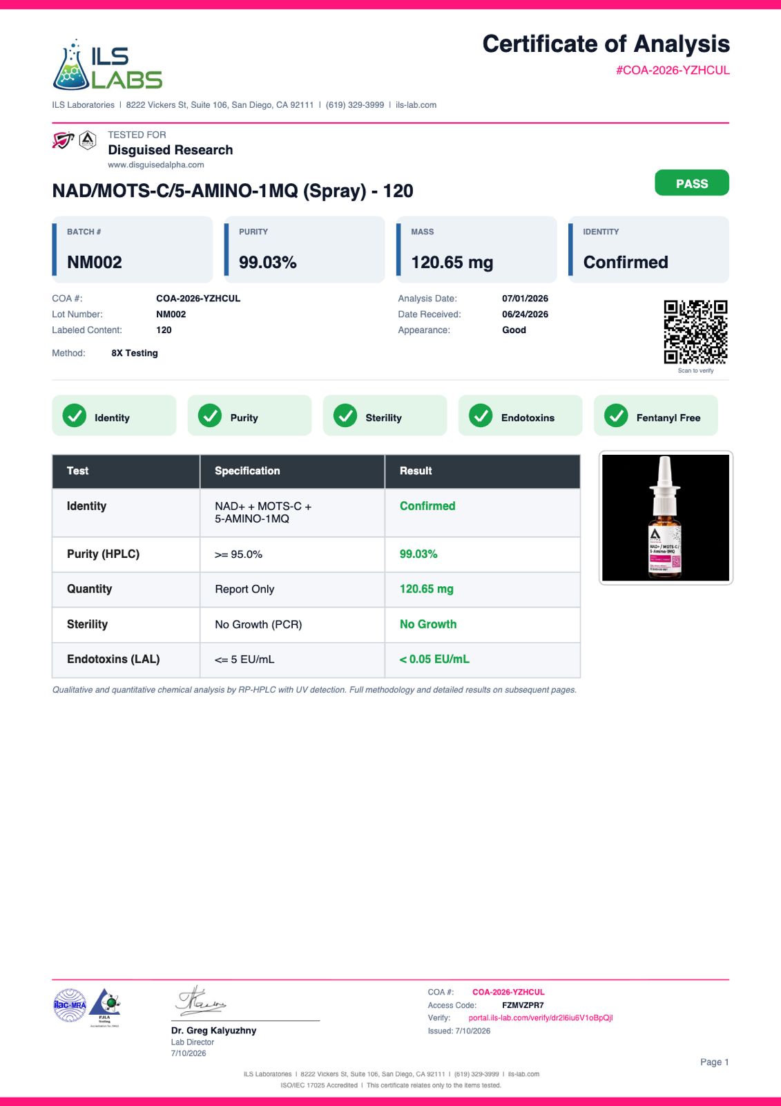 NAD+ / MOTS-C / 5-Amino-1MQ Aerosol Spray batch NM002 certificate of analysis from ILS Laboratories