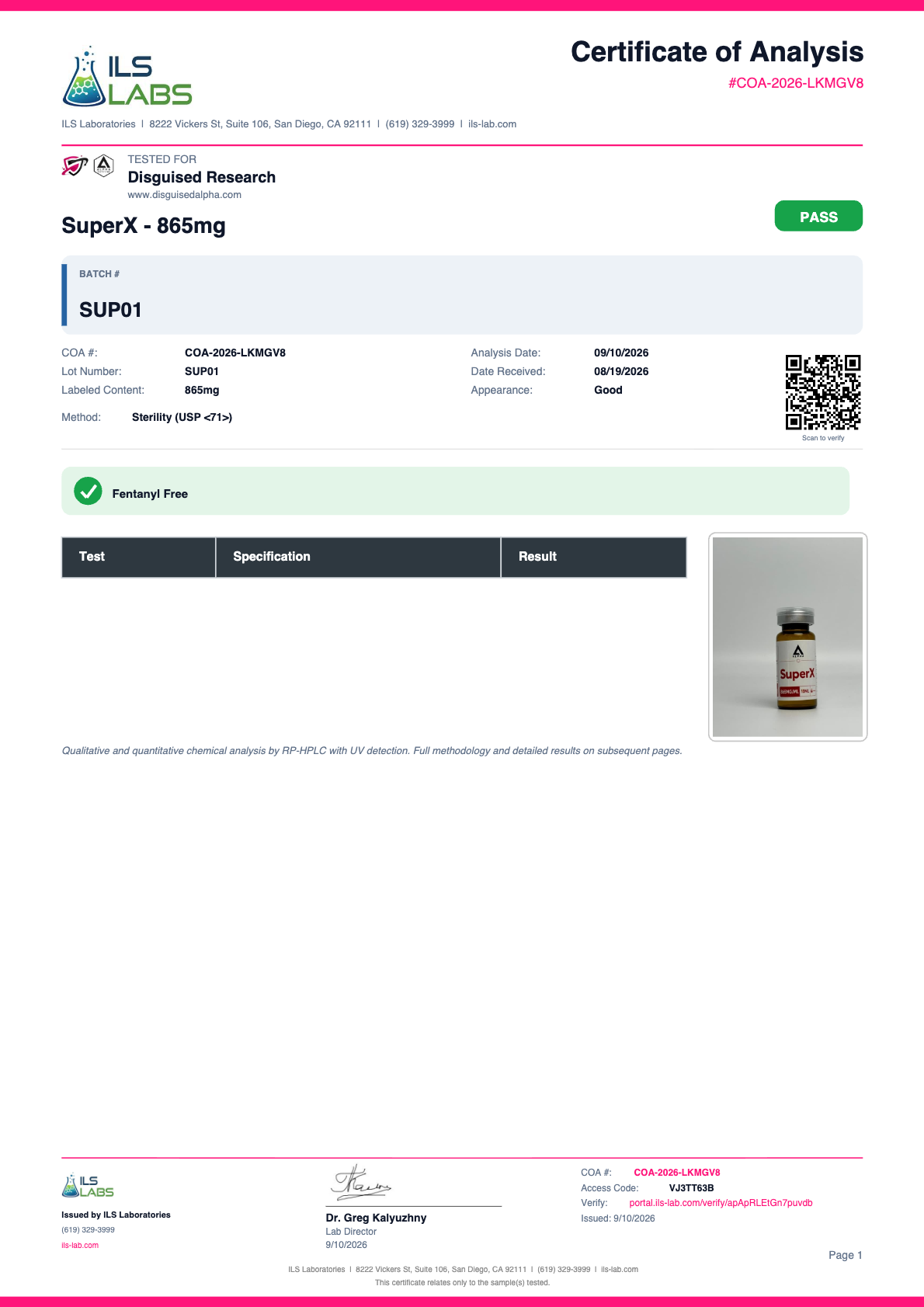 SuperX (Ultimate All-In-One Research Blend) batch SUP01 certificate of analysis from ILS Laboratories