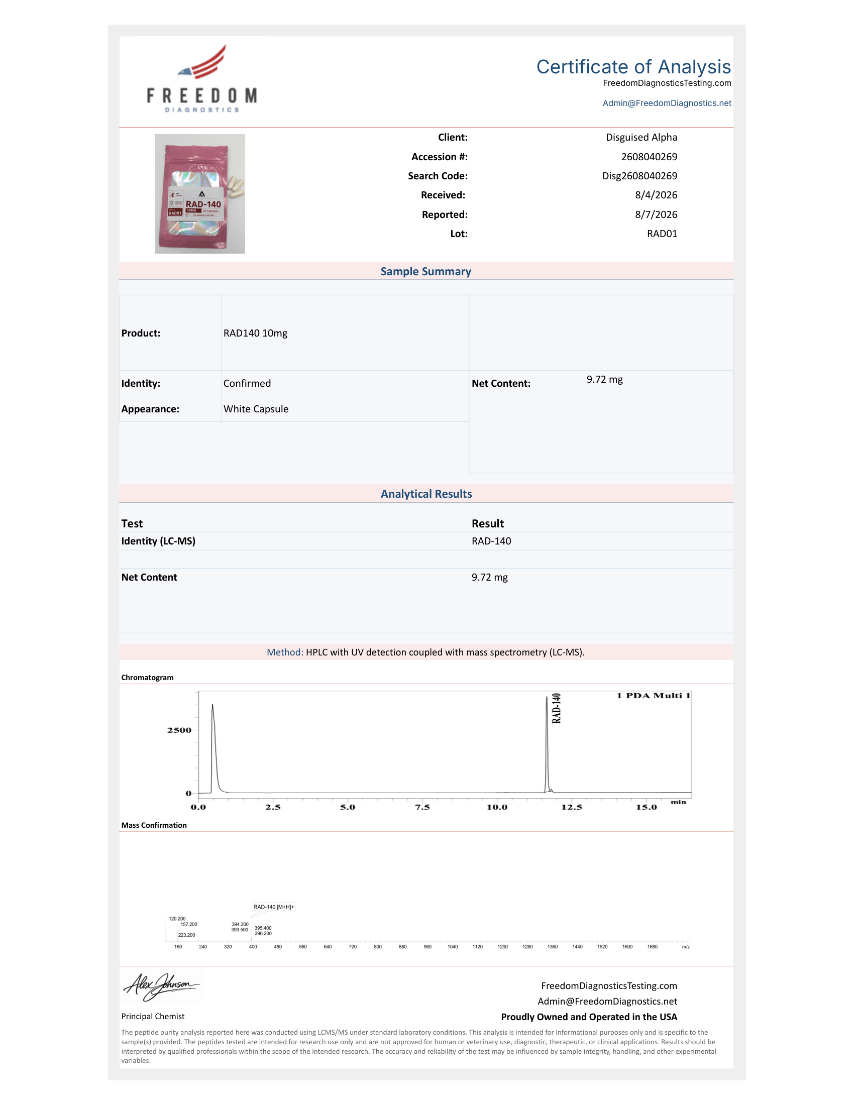 RAD-140 batch RAD01 certificate of analysis from Freedom Diagnostics