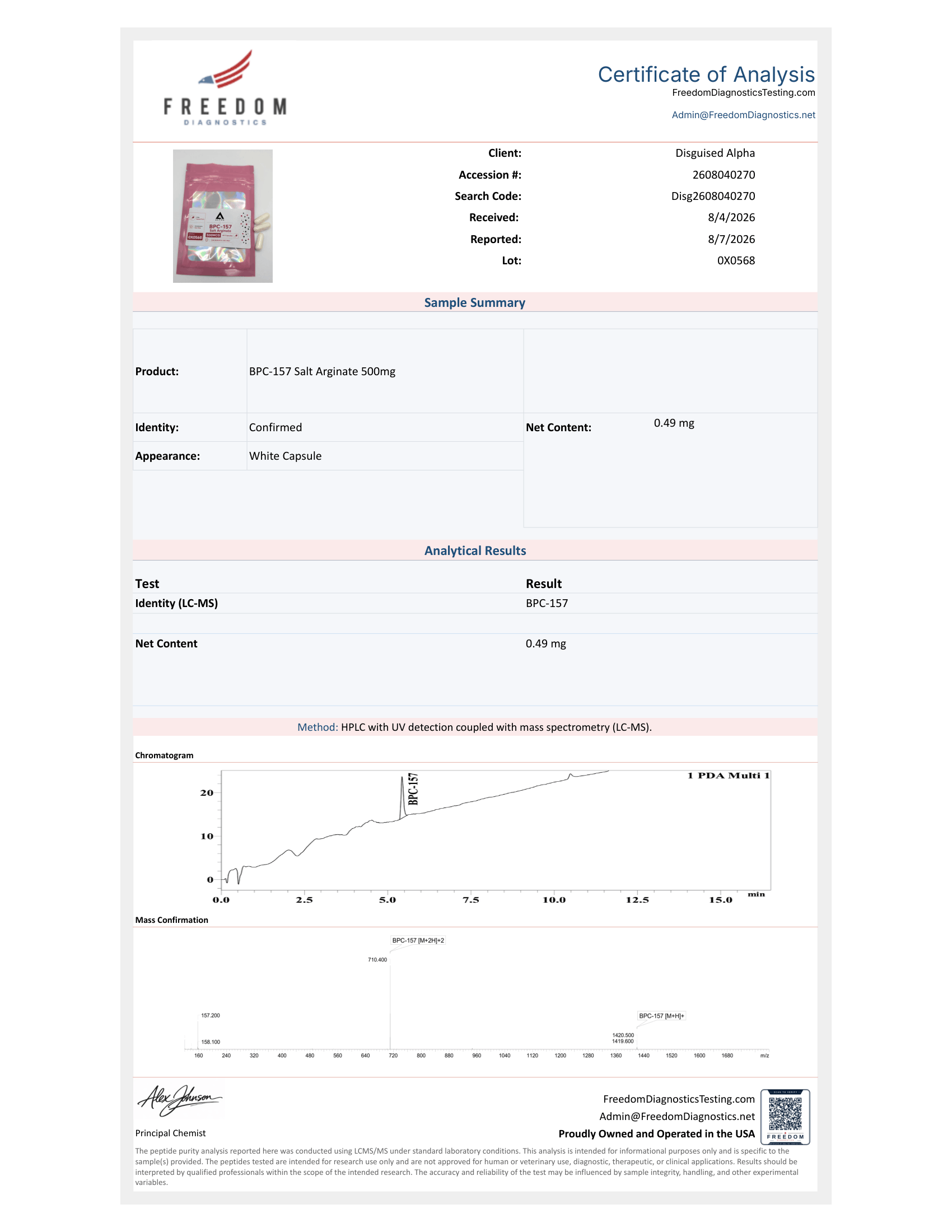 Capsulated BPC-157 Arginate Salt batch 0X0568 certificate of analysis from Freedom Diagnostics