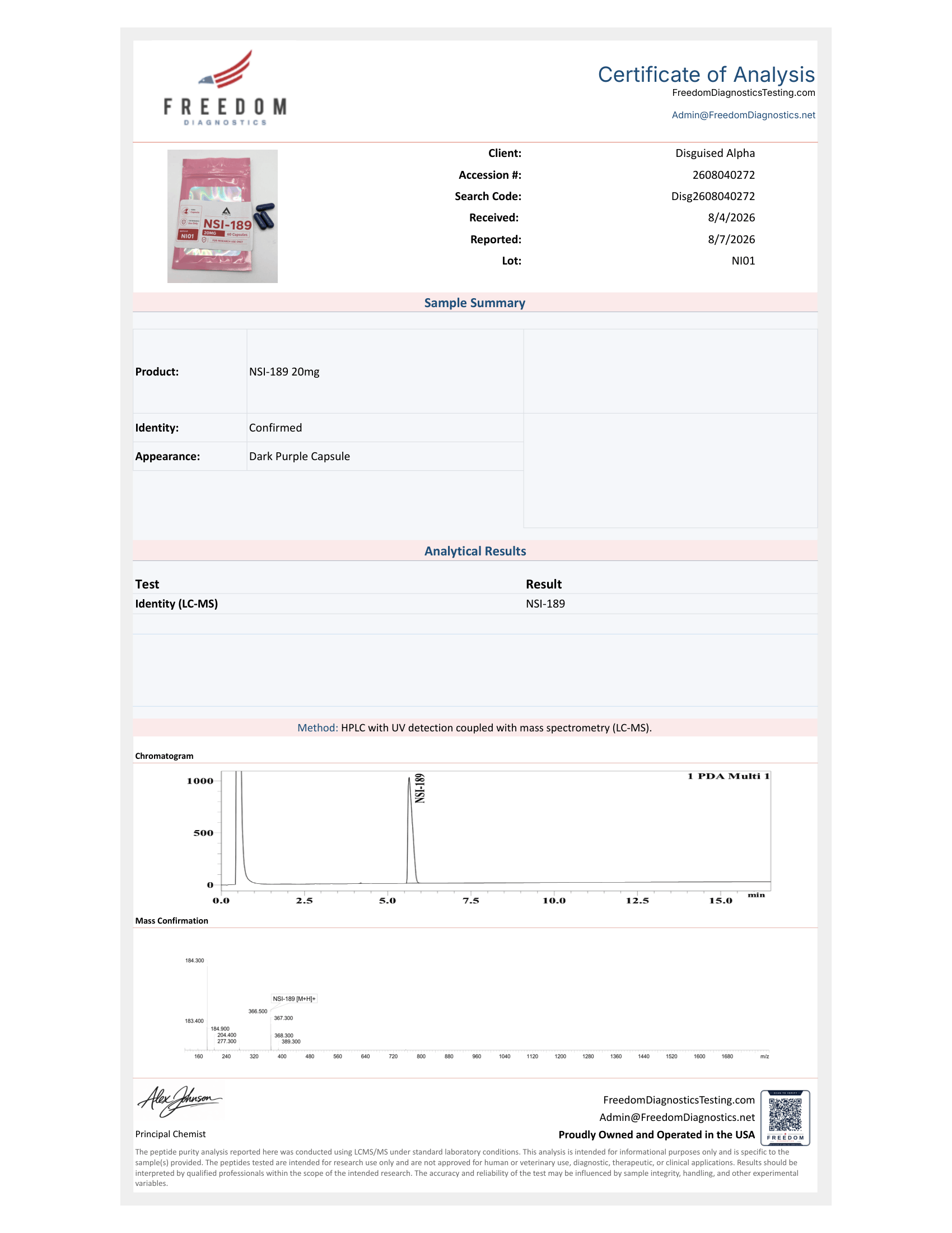 NSI-189 batch NI01 certificate of analysis from Freedom Diagnostics