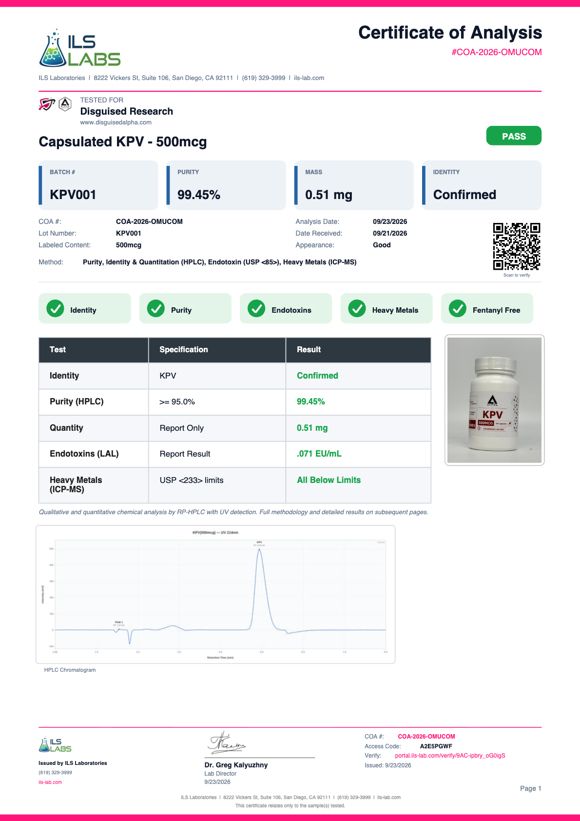 Capsulated KPV batch KPV001 certificate of analysis from ILS Laboratories