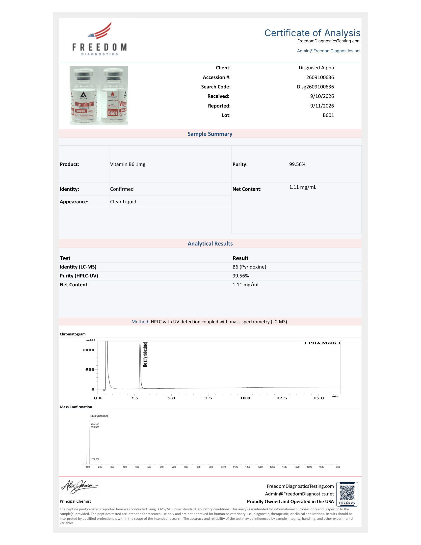 Vitamin B6 (1MG/ML) batch B601 certificate of analysis from Freedom Diagnostics