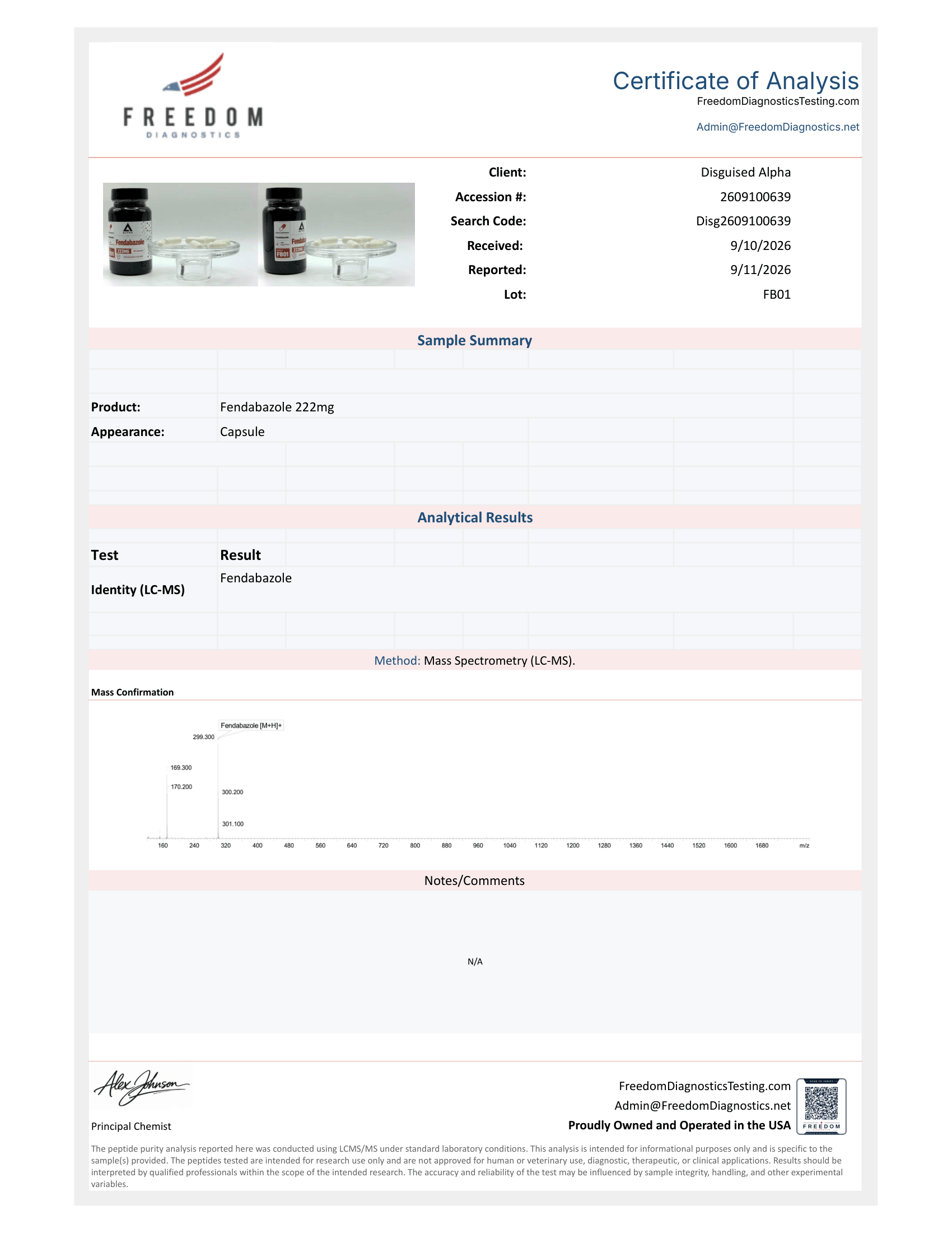 Fenbendazole batch FB01 certificate of analysis from Freedom Diagnostics