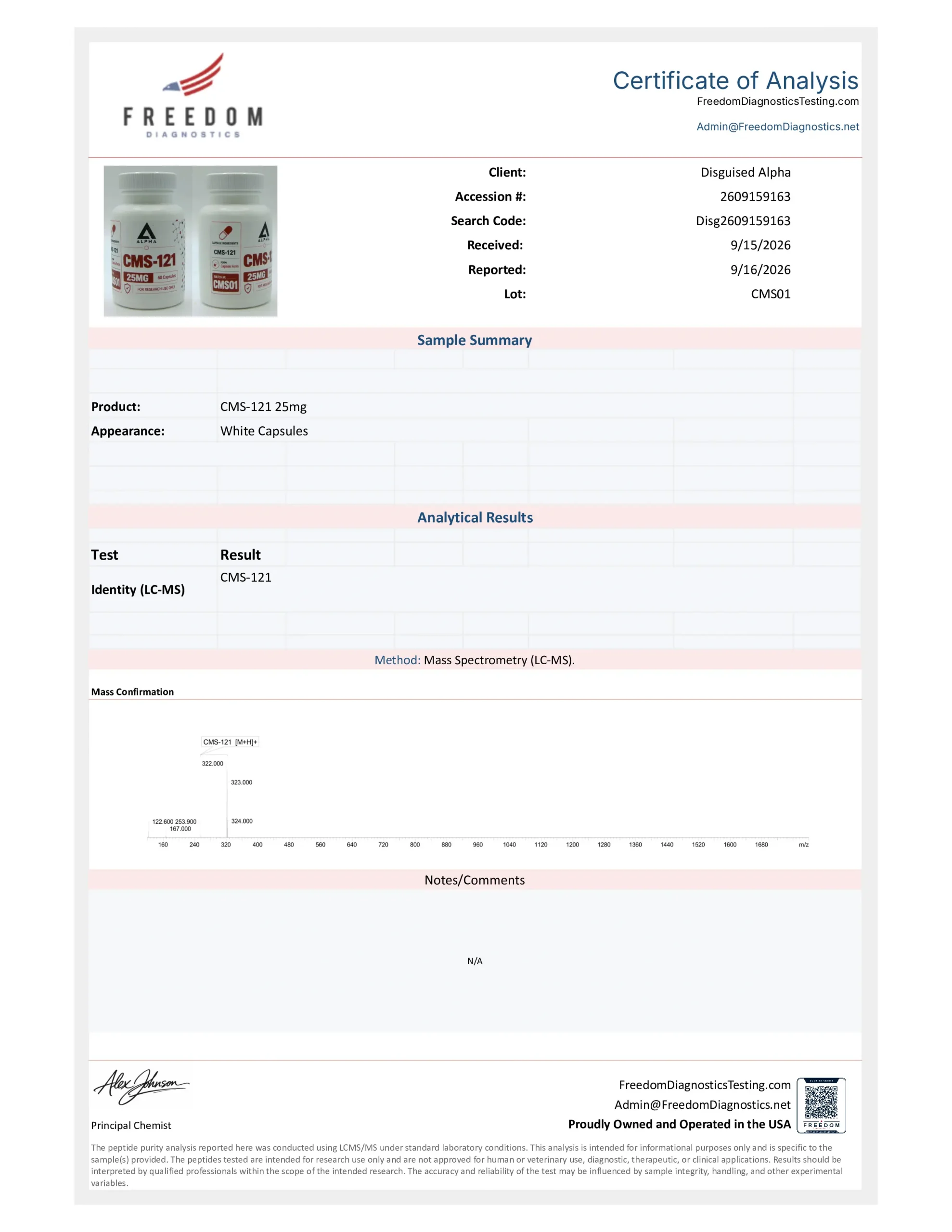 CMS-121 batch CMS01 certificate of analysis from Freedom Diagnostics