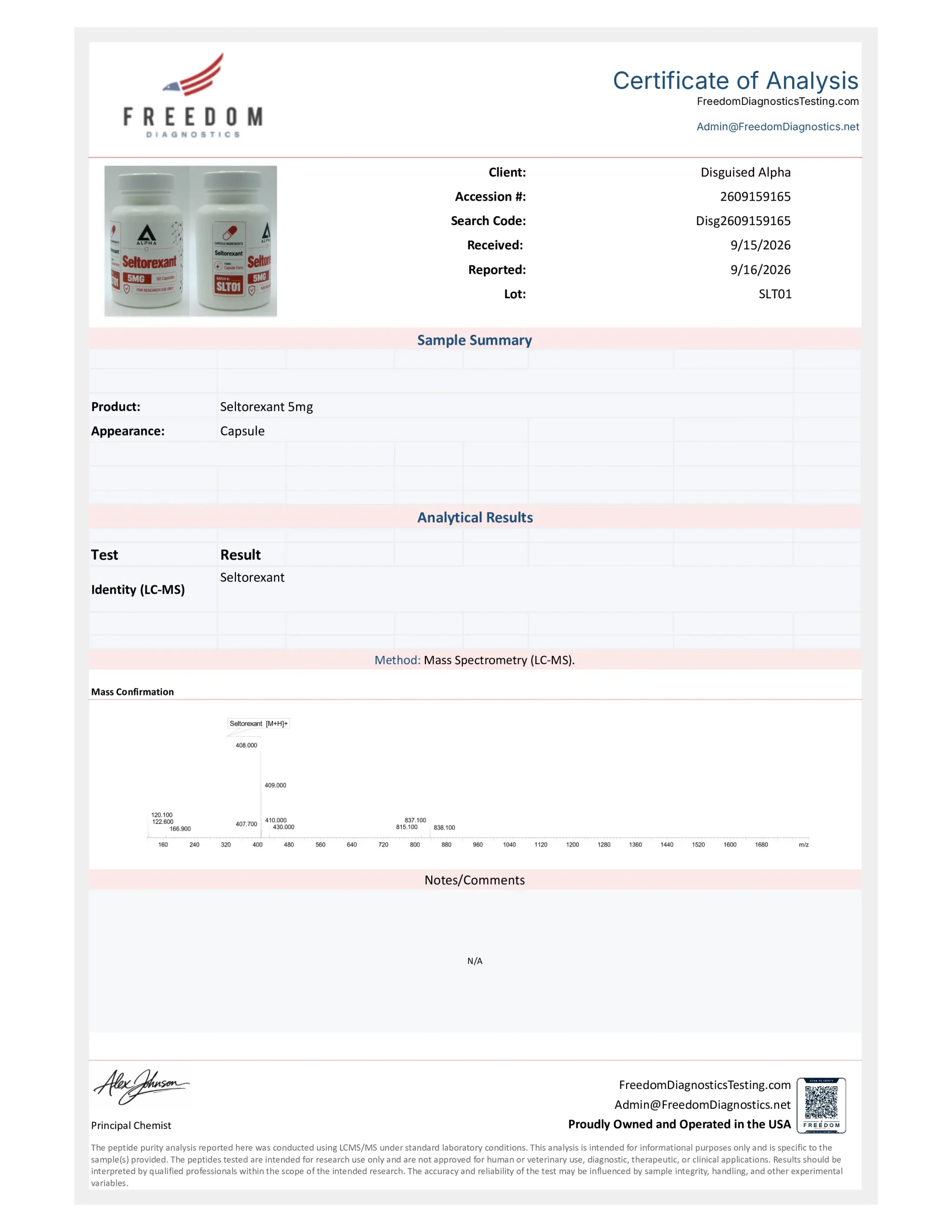 Seltorexant batch SLT01 certificate of analysis from Freedom Diagnostics